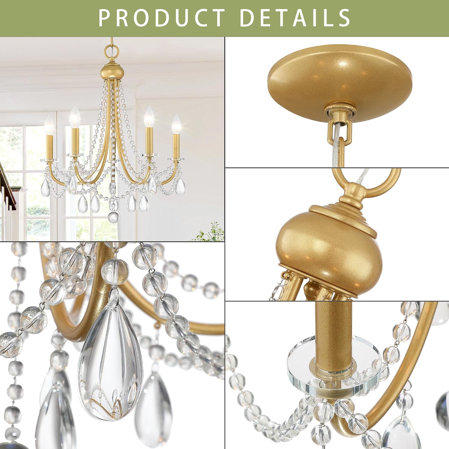 5-Light Farmhouse Chandelier with Crystals,Gold Candle Type Chandelier Lighting Fixture Adjustable Pendant Light for Bedroom Entryway Dining Room Living Room Kitchen Island