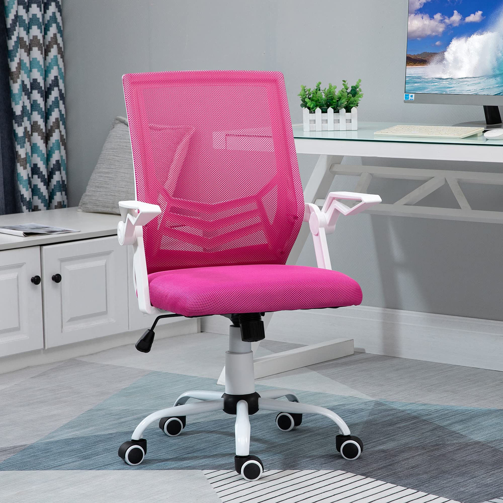 Vinsetto Sedia da Ufficio Ergonomica con Supporto Lombare 120kg Rosa | Braccioli Pieghevoli, Sedia da Scrivania Girevole, Rete Traspirante, Schienale Reclinabile, Altezza Regolabile