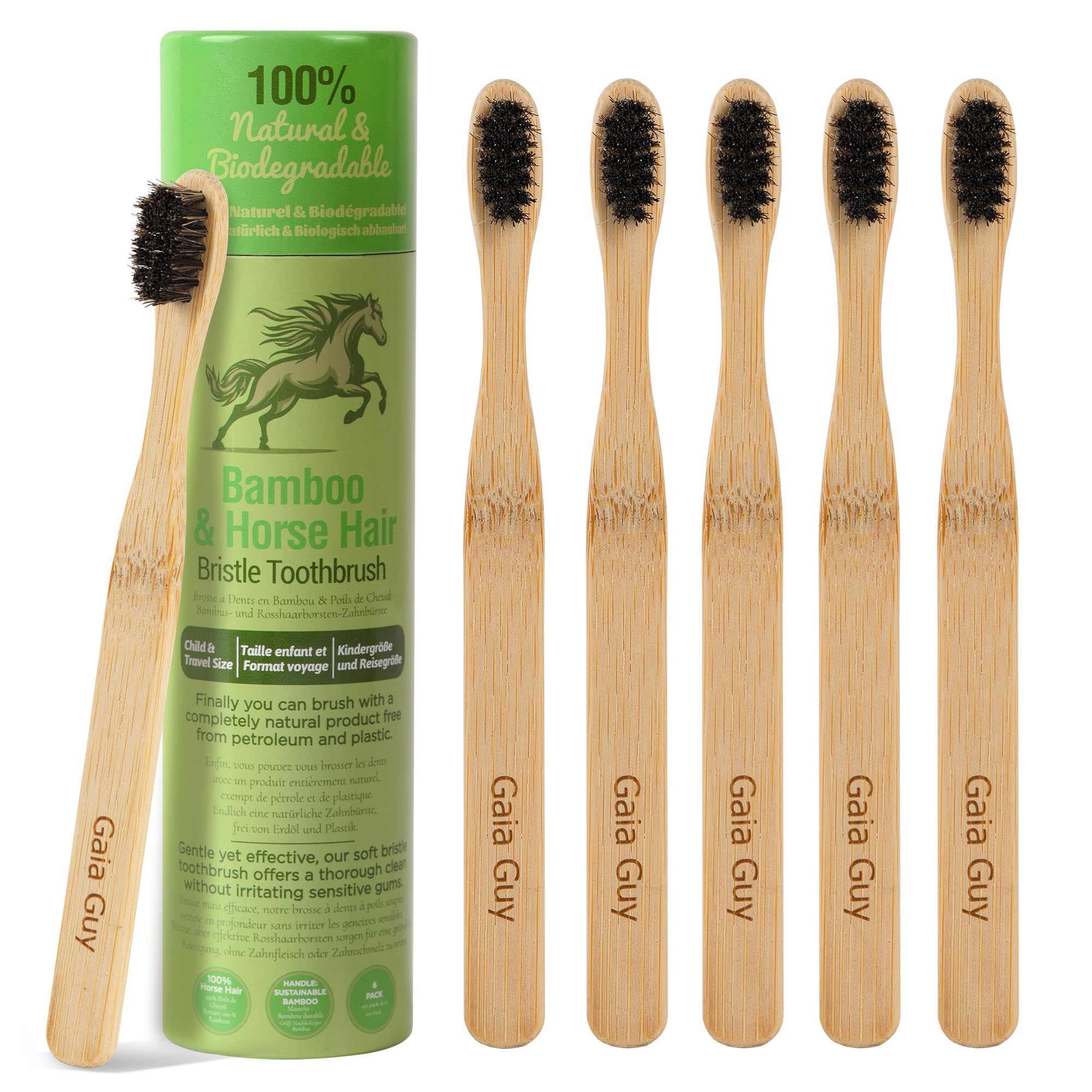 Gaia Guy Petite brosse à dents en bambou – Lot de 6 poils de cheval doux (sans nylon, sans plastique) | Taille compacte pour enfants ou adultes | 100 % compostable, biodégradable, respectueux de