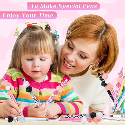 Miniatura 4 de 24 bolígrafos con cuentas con estampado de vaca para el regreso a clases, bolígrafos de plástico rosa con cuentas de tinta negra para estudiantes,