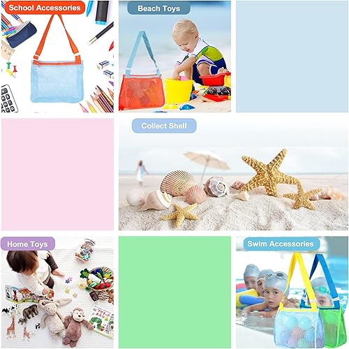 Miniatura 7 de UTTPLL Bolsa de playa de malla colorida ajustable para niños, bolsa de red de secado rápido para conchas marinas que recolecta arena juguete