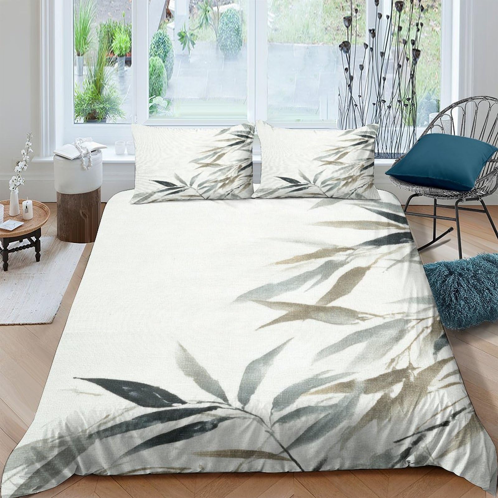 GPLZQXKJNH 3D Printed Bamboo Leaves Duvet Cover Microfiber Soft Breathable Forest Green Quilt Cover Set with 2 Pillowcases for Bedroom Decor Single（135x200cm）