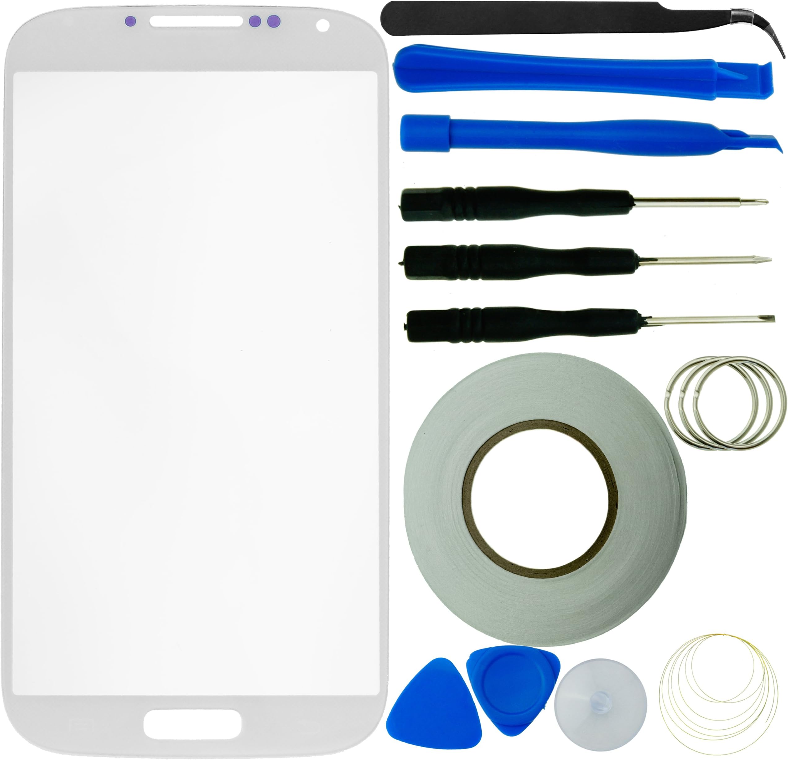 Samsung Galaxy S4 Screen Replacement Kit including: Replacement Screen Glass for Samsung Galaxy S4 i9500 / Pair of Tweezers/Roll of 2mm Adhesive Tape/Tool Kit/Microfiber Cleaning Cloth (White)
