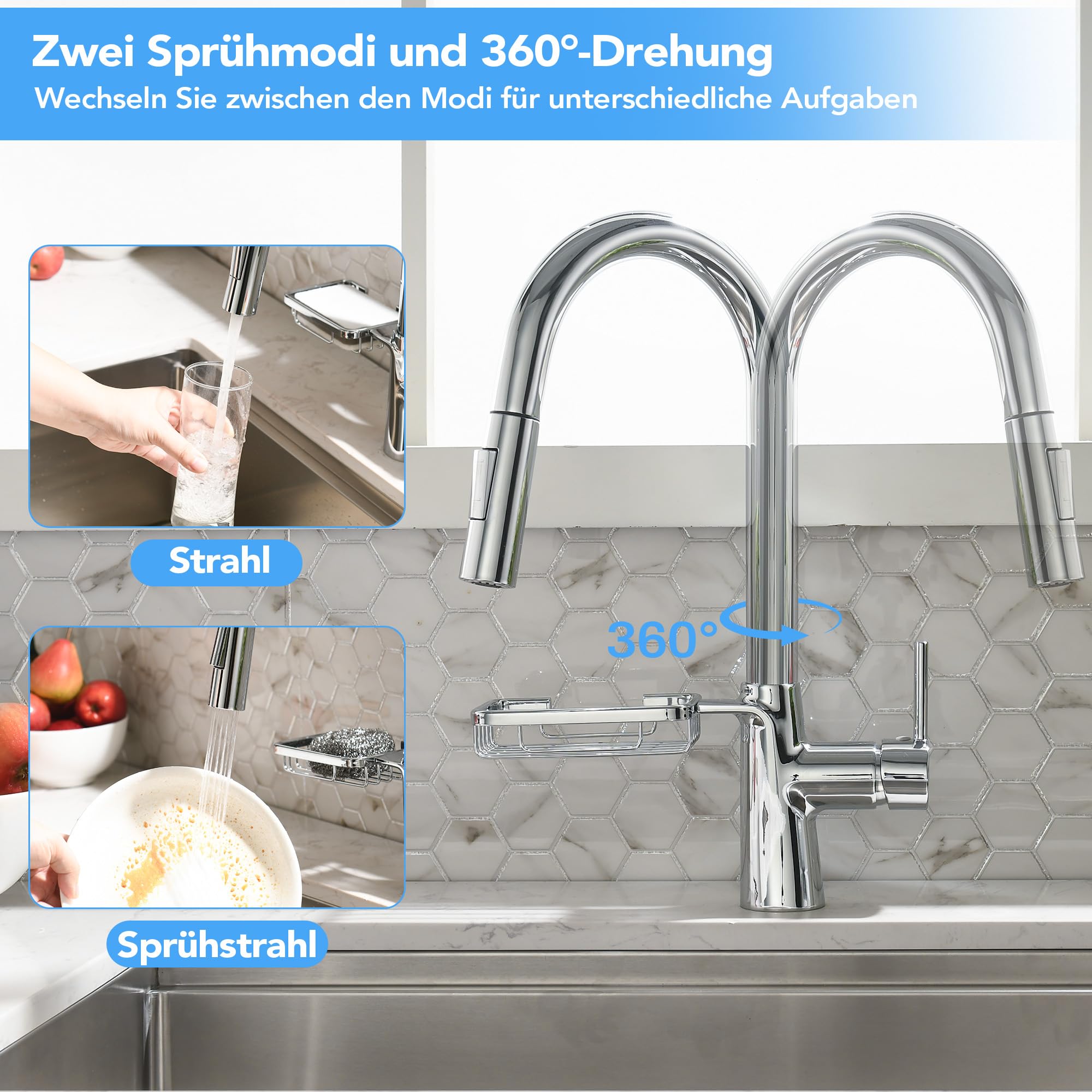 Bateria kuchenna z wyciąganą słuchawką, armatura zlewozmywakowa, obracana o 360°, dwie funkcje prysznicowe, chrom.