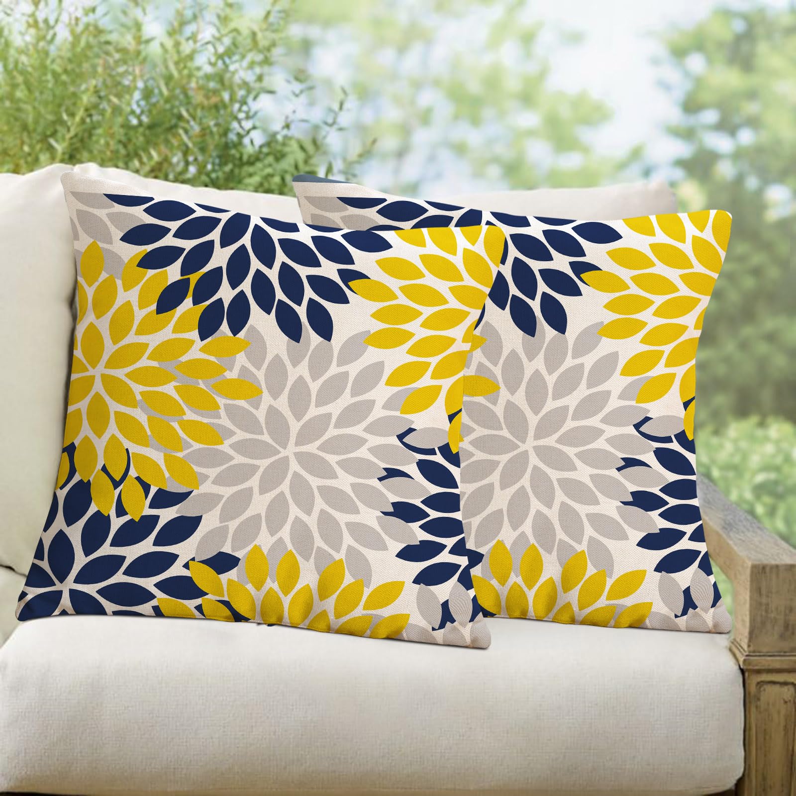 Yellow Blue Dahlia Floral Outdoor Pillow Covers 18x18 Set of 2 Waterproof Abstract Flower Summer Decorative Outdoor Pillow Covers for Patio Furniture
