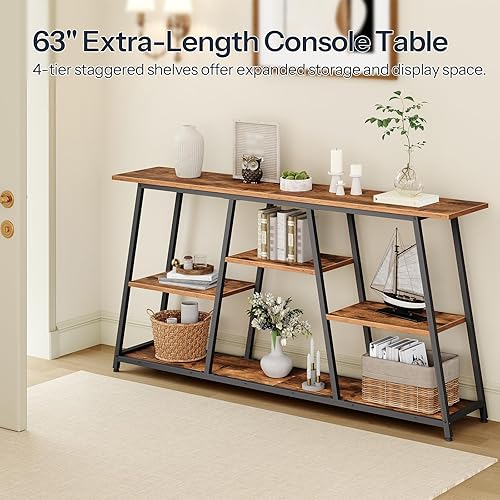 Miniatura 4 de HOOBRO BF168XG01 - Mesa consola de 63 pulgadas, mesa larga para sofá detrás del sofá, mesa de entrada estrecha de 4 niveles con estantes de