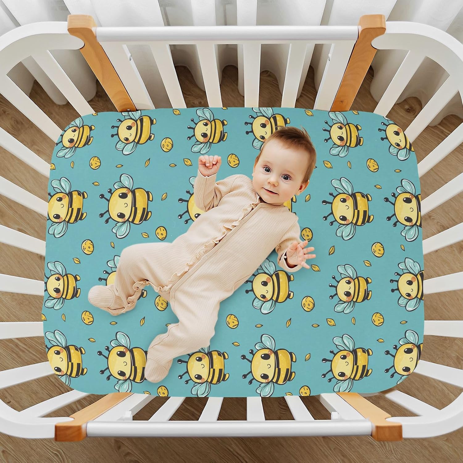 Cartoon Bee Holding Honey Pot Fitted Crib Sheets Stretchy Portable Playard Sheets for Baby Toddler, Breathable Soft Mini Crib Mattress 52 x 28 in for Boys and Girls