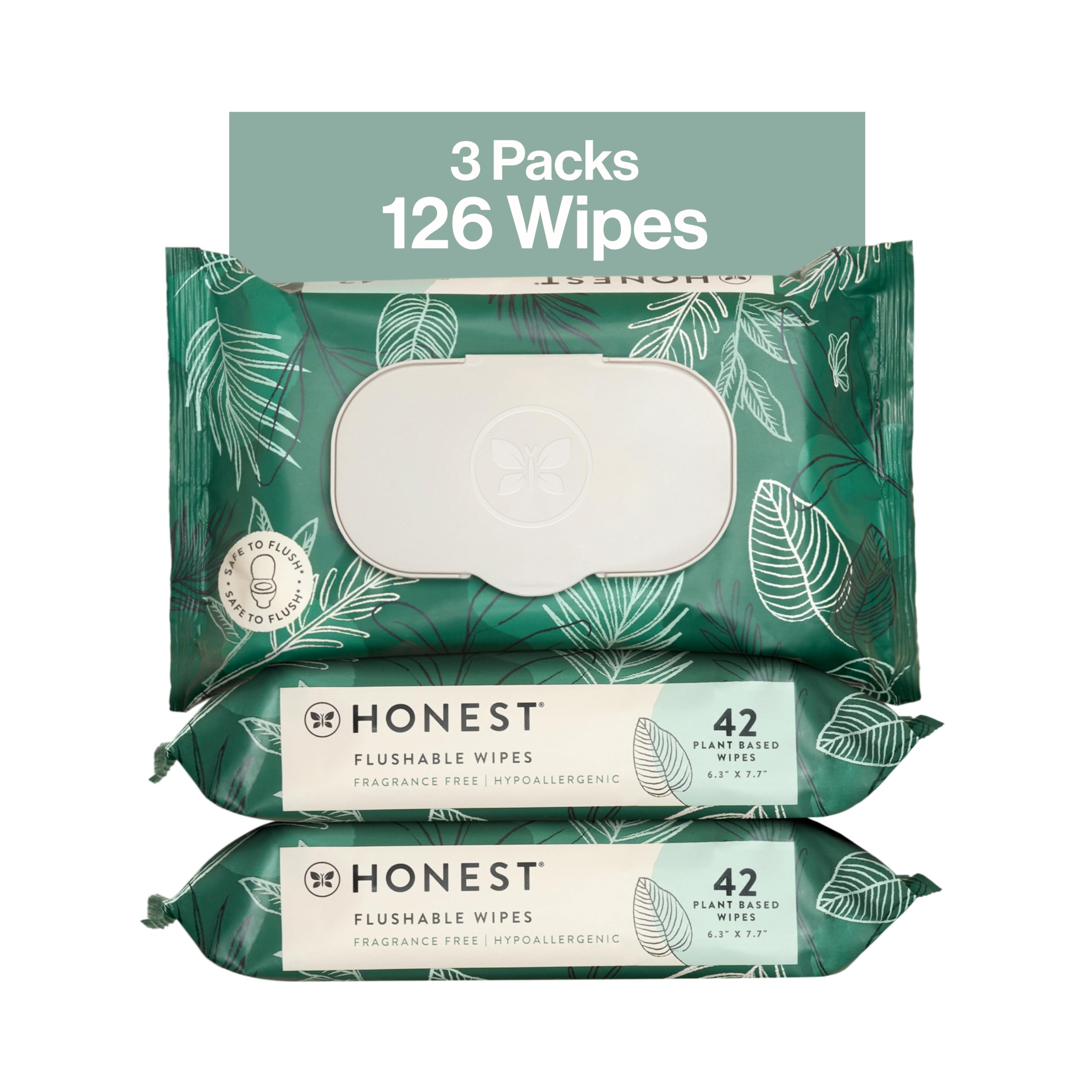 The Honest Company Flushable Wipes for Sensitive Skin, Fragrance-Free Hypoallergenic pH-Balanced Feminine Wipes, 99% Water Safe-to-Flush Wipes, Tropical Leaves, 126 Count