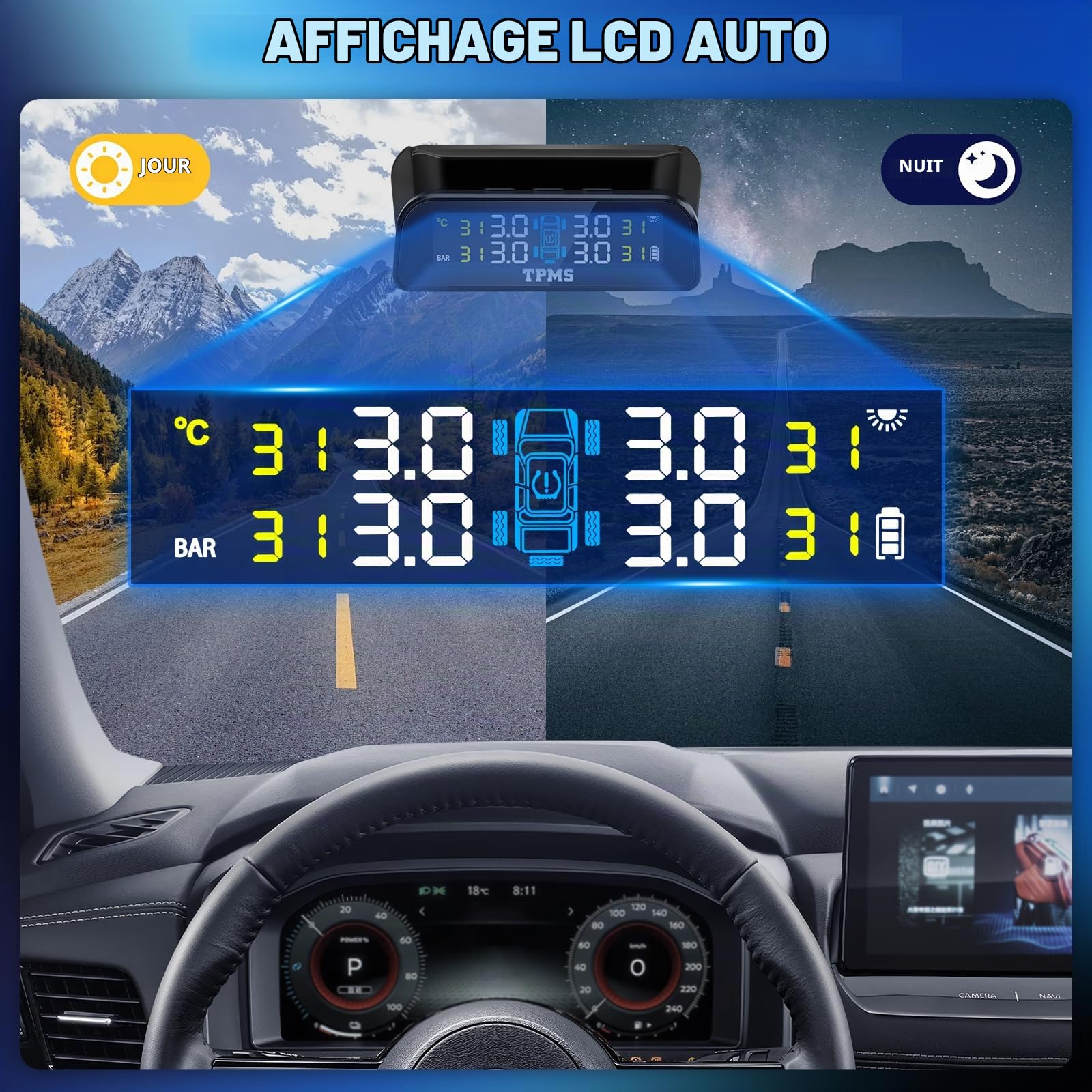 0-3.5bar TPMS SystèMe De Surveillance De La Pression des Pneus Solaire sans Fil & Chargement USB, 5 Modes D’Alarme, 4 Capteur Externe De Pression des Pneus, Universel pour Les Voitures Vans