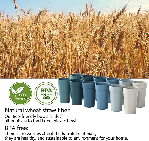 Miniatura 2 de Homestockplus Vasos de paja de trigo de 20 onzas, juego de 12 vasos de plástico irrompibles, aptos para lavavajillas y microondas, sin BPA y
