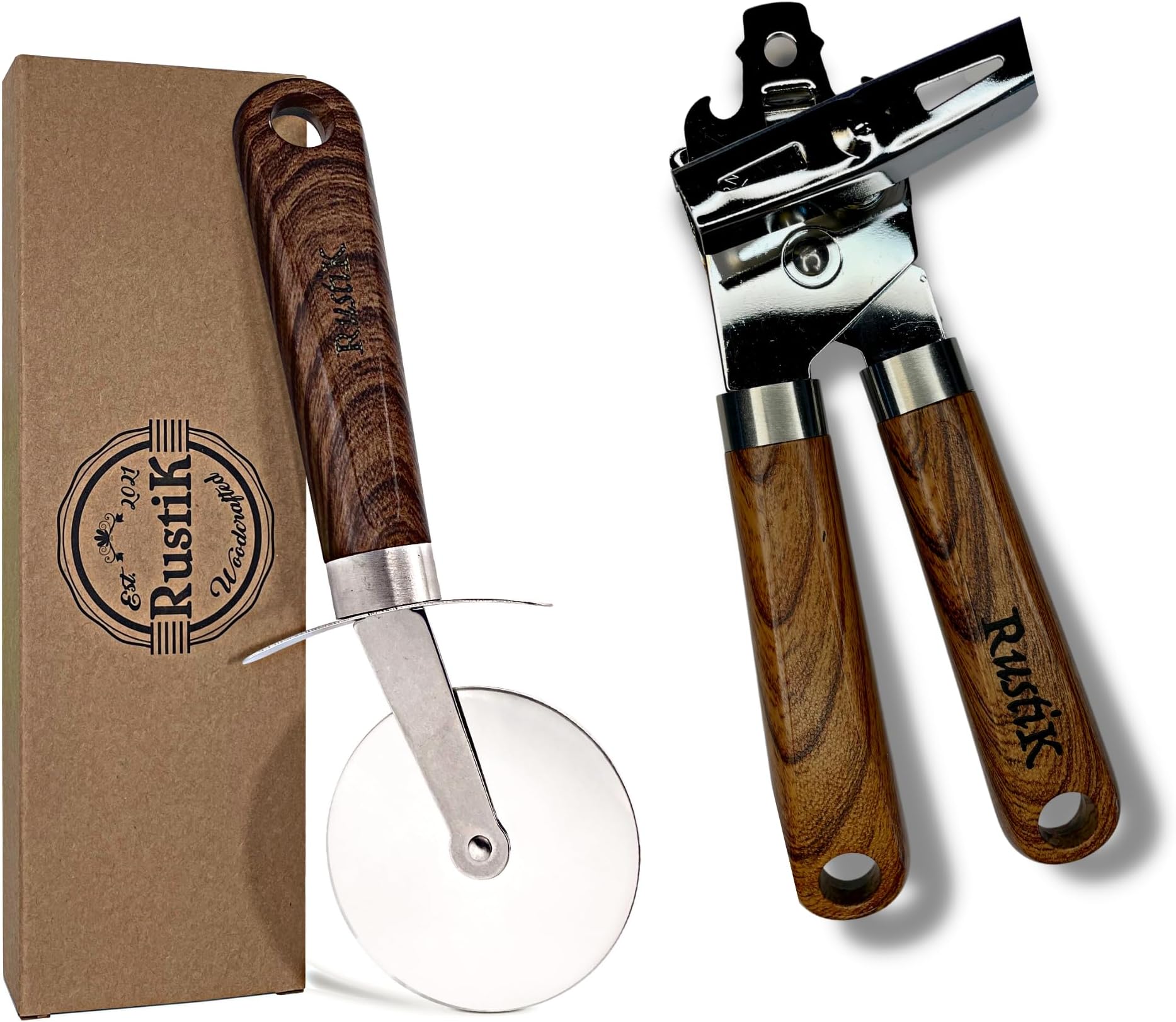 Tin Opener and Pizza Cutter by RustiK - Food Grade Stainless Steel with Recyclable, Non Slip Rustic Ergonomic Handle.