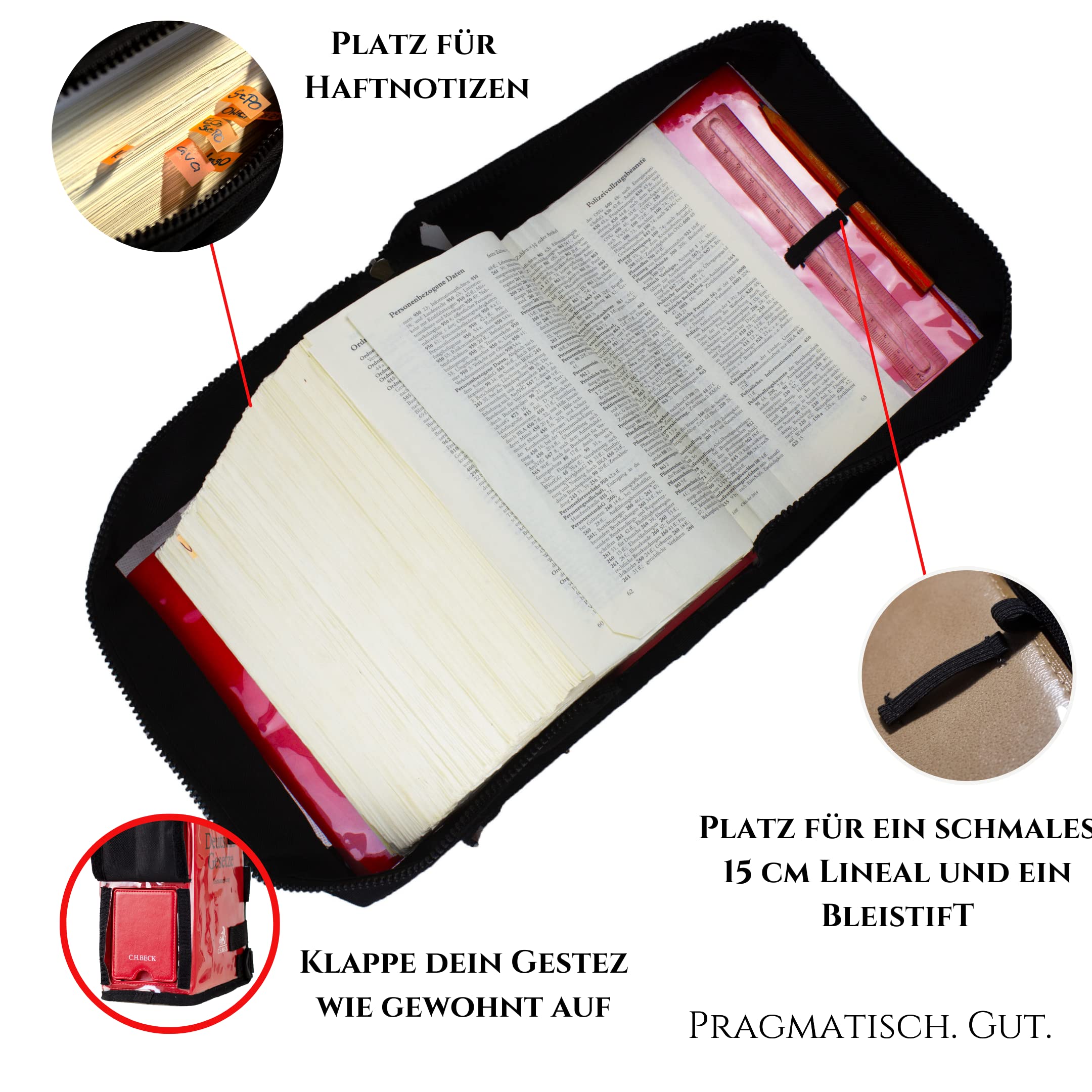Kompakte Tasche passend für Habersack, Deutsche Gesetze| Transparent - ideal für das Jurastudium| Rechtswissenschaft (Transparent/Schwarz (Rückenbreite 11,5 cm))