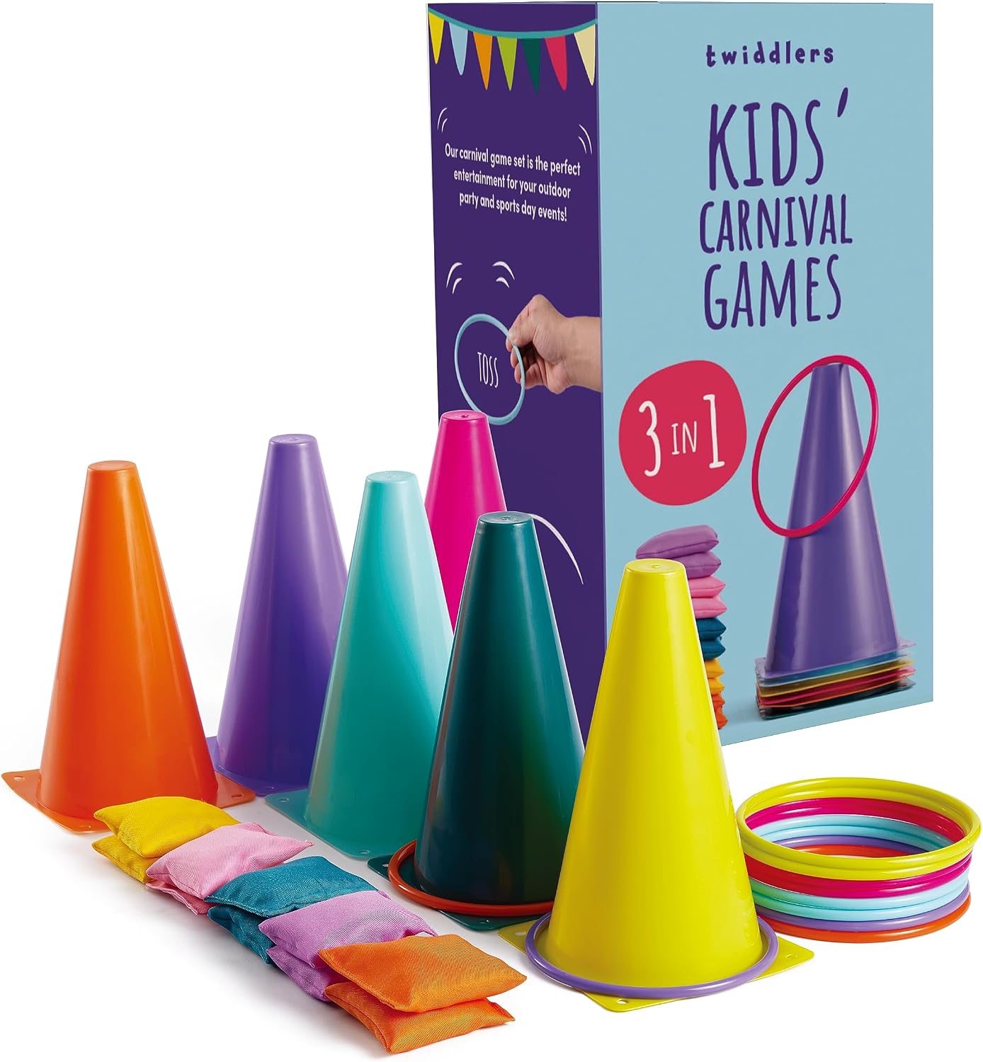 Jeu De Lancer 3 En 1 – 3 Cônes + 6 Anneaux + 6 Sacs De Sable – Activité En Plein Air – Enfants Dès 5 Ans – Anniversaire, Jardin, école