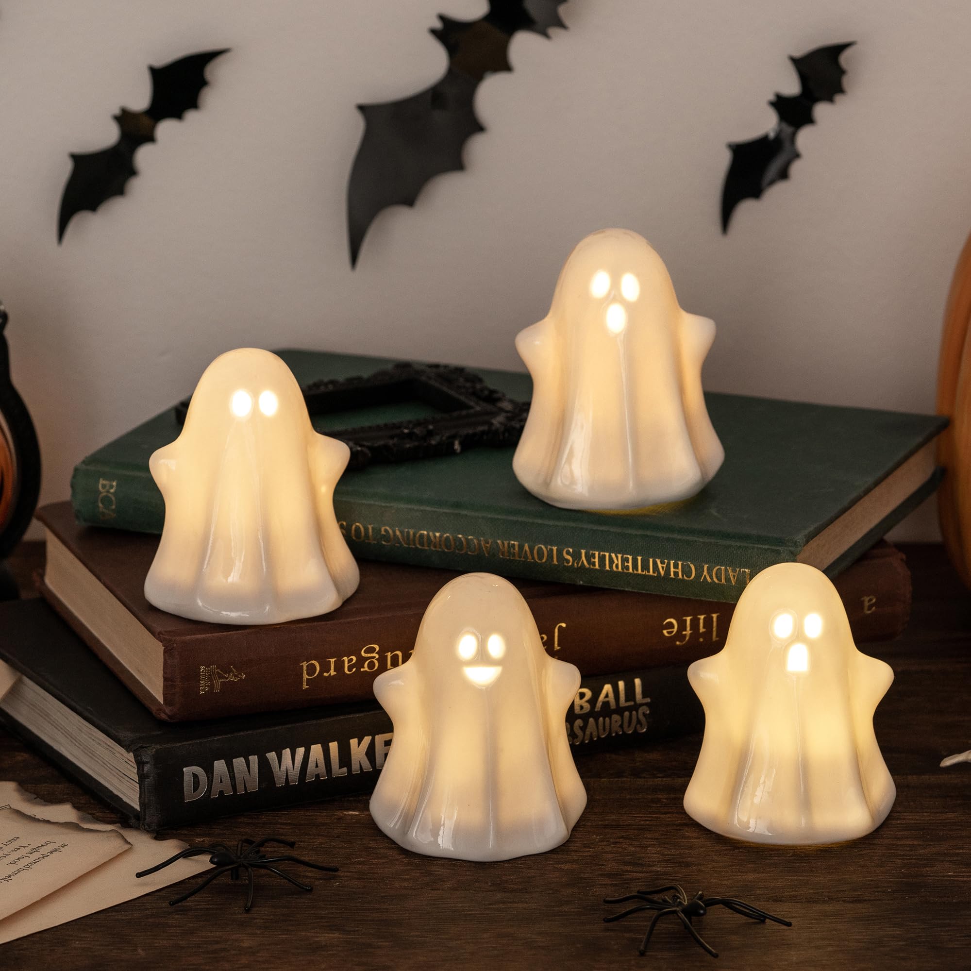 Décoration d'Halloween pour bureau : lot de 4 fantômes en céramique lumineux