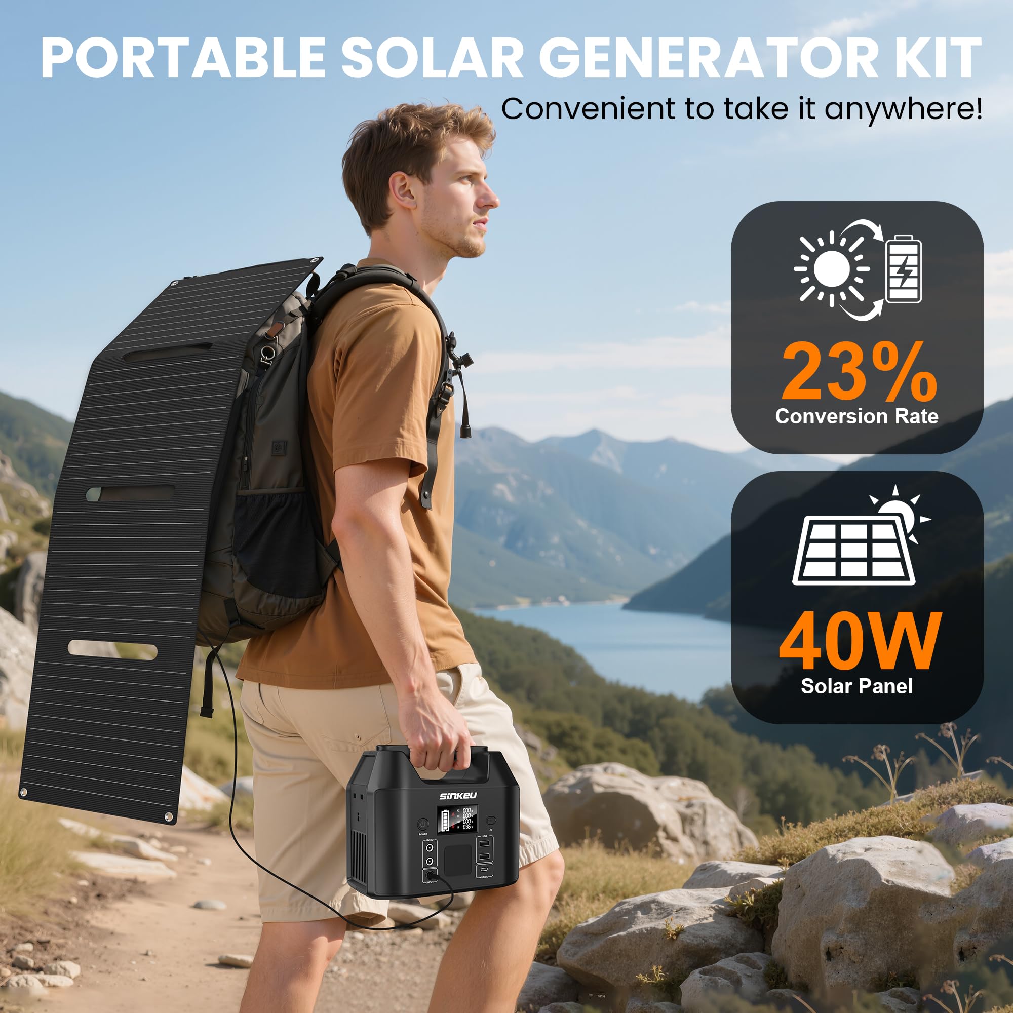 SinKeu 96Wh Portable Power Station with Solar Panel 40W, 30000mAh LiFePO4 Battery Solar Generator has 230V 150W AC Outlet/12V DC/USB, Backup Power for Camping Picnics Garden & Home Emergency — view 3