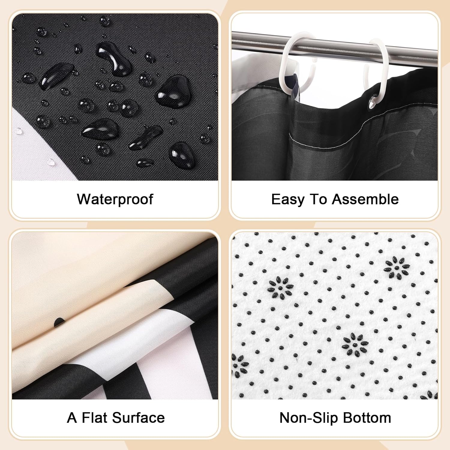 4 Pcs Black Shower Curtain Sets with Non Slip Rugs, Toilet Lid Cover and Bath Mat, Waterproof Bathroom Shower Curtains with 12 Hooks for Bathroom Decor 70.8 × 70.8 Inch(Bohemia)