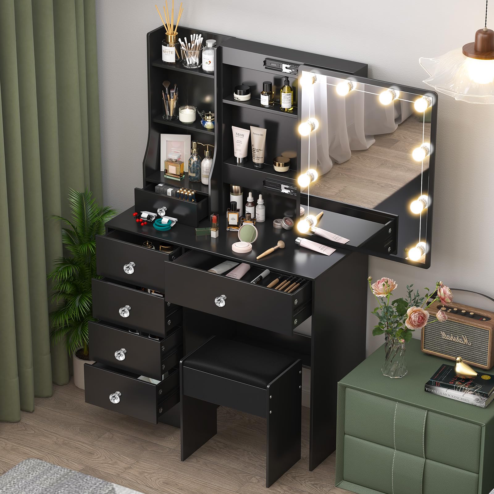Schminktisch mit Beleuchtung, Einstellbarer Helligkeit, Make Up Tisch mit Schiebespiegel, Kosmetiktisch mit 6 Schubladen und 6 Regalen, Frisiertisch mit Hocker Schwarz 36x80x131cm, H010630