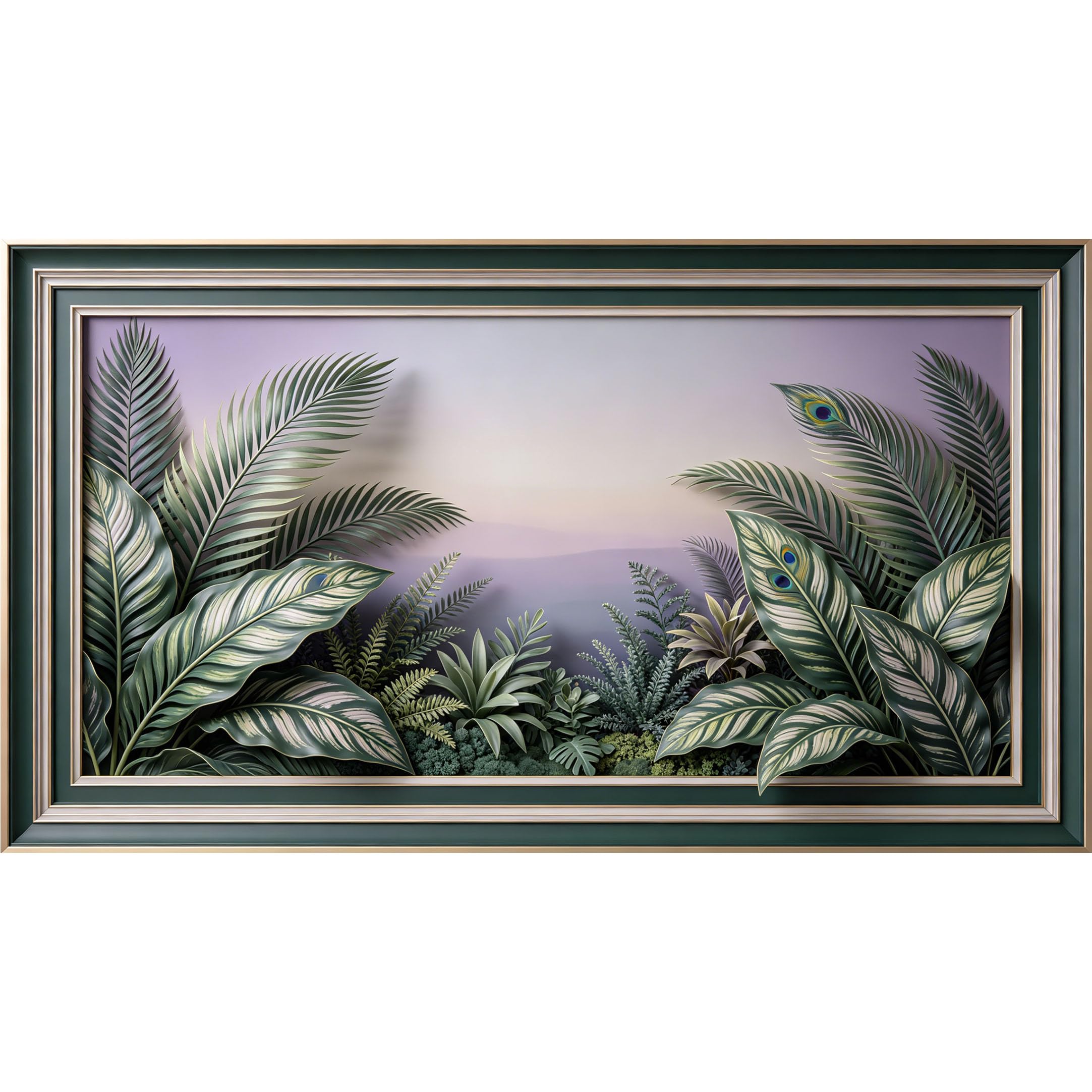 QZLITHOTIC 50×90cm3D Framed Wall Art， Tropical Peacock Feather Botanical Leaf Mural， Water?Activated Peel & Stick Fabric Decor Wall Decal for Bedroom Living Room