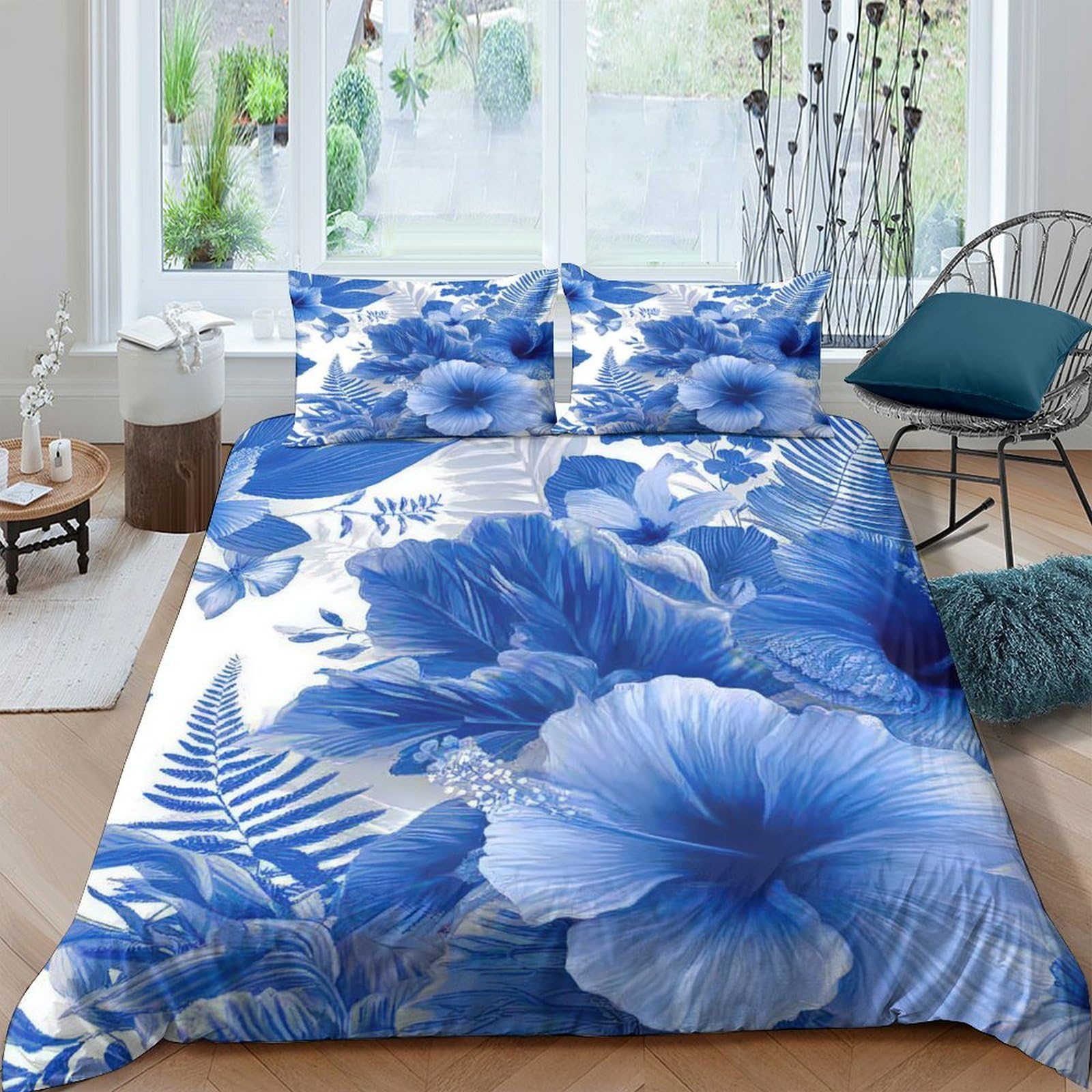 P5V6M1Q9 3D Printed Blue Floral Duvet Cover Microfiber Soft Breathable Hibiscus Bedding Set with 2 Pillowcases for Bedroom Decor Single（135x200cm）