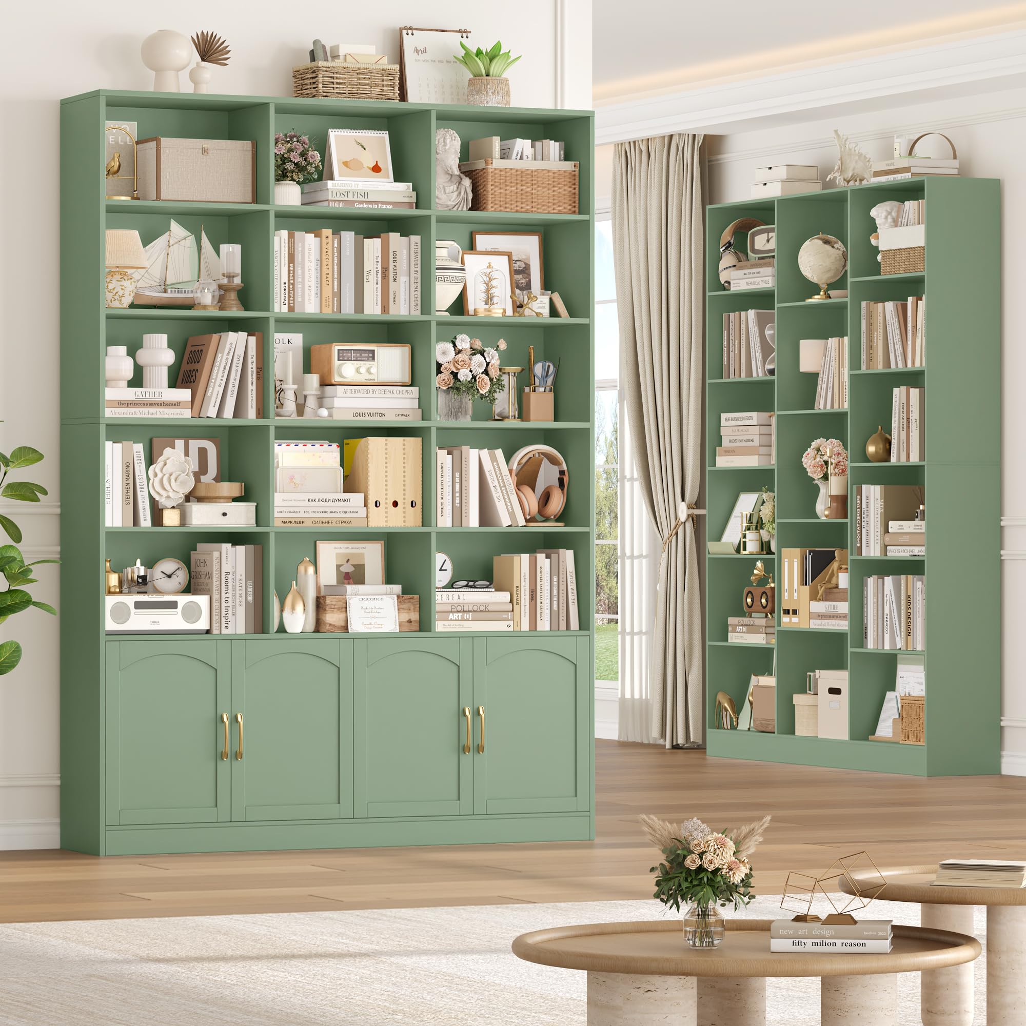 FirFurd Librería con Puertas, Estantería con Puertas, 3 Filas y 5 Niveles | Librería Salón, Vitrina Salón, Estantería Libros, Estanterias Almacenaje Madera, 4 Puertas, Verde, 150x23.7x209cm