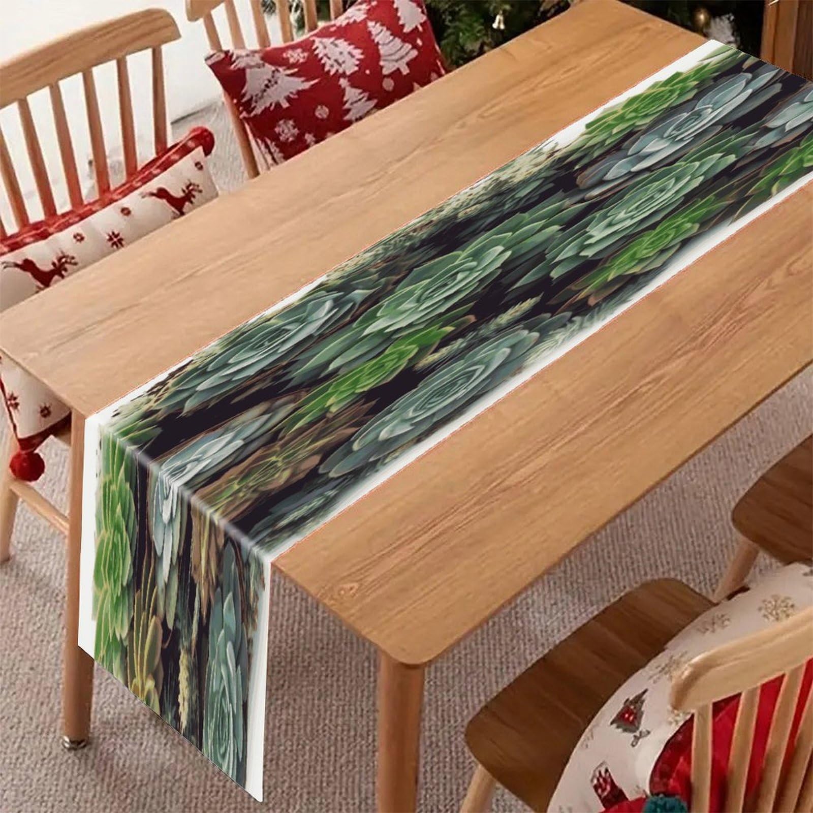 Adfgyerh Style Succulent Plants Table Runner，Pure Linen Chambray ,Boho Table Runner，Heavy Duty Washable Fabric Decorations ，For Party Kitchen Dining Table Coffee Holiday Party Decor (12X70.87 Inches)