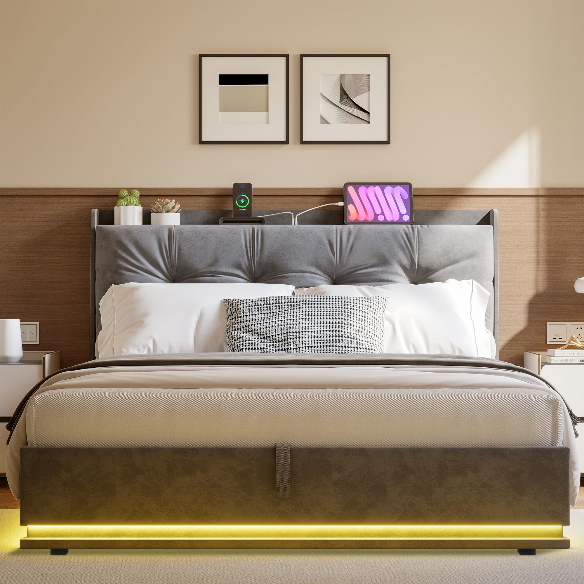 140 x 200 cm podwójne łóżko oświetlenie LED, złącze USB, miejsce do przechowywania | Pamięć hydrauliczna, regulowane oświetlenie LED, stacja ładująca USB, aksamitny zagłówek, drewniany stelaż, bez materaca