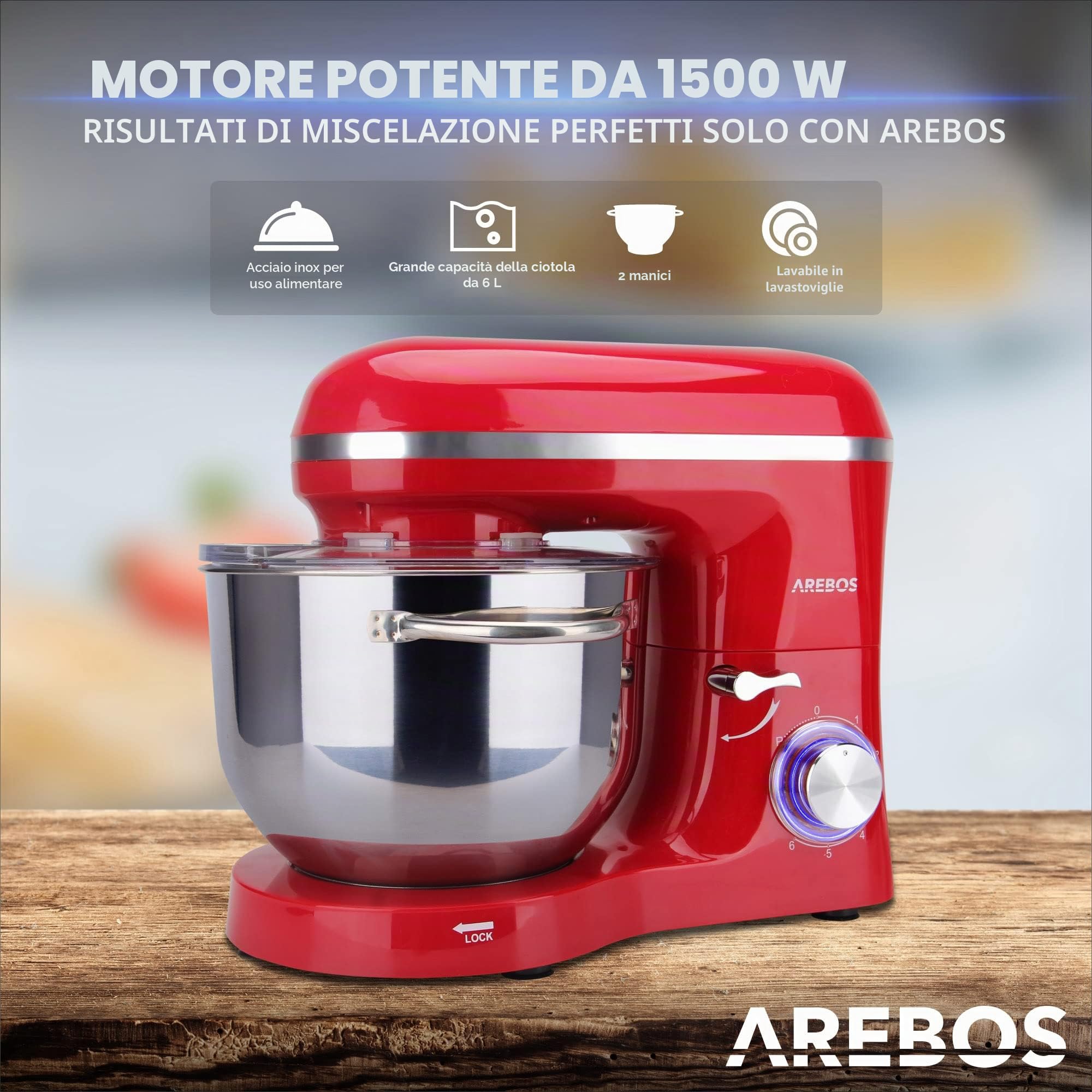 Arebos Impastatrice Robot da Cucina 1500W | Rosso | Mixer Cucina 6L | Basso Rumore | Multifunzione Impastatore Planetario Professionale con Ganci, Frullare | 6 Velocità con Impulso Regolabile