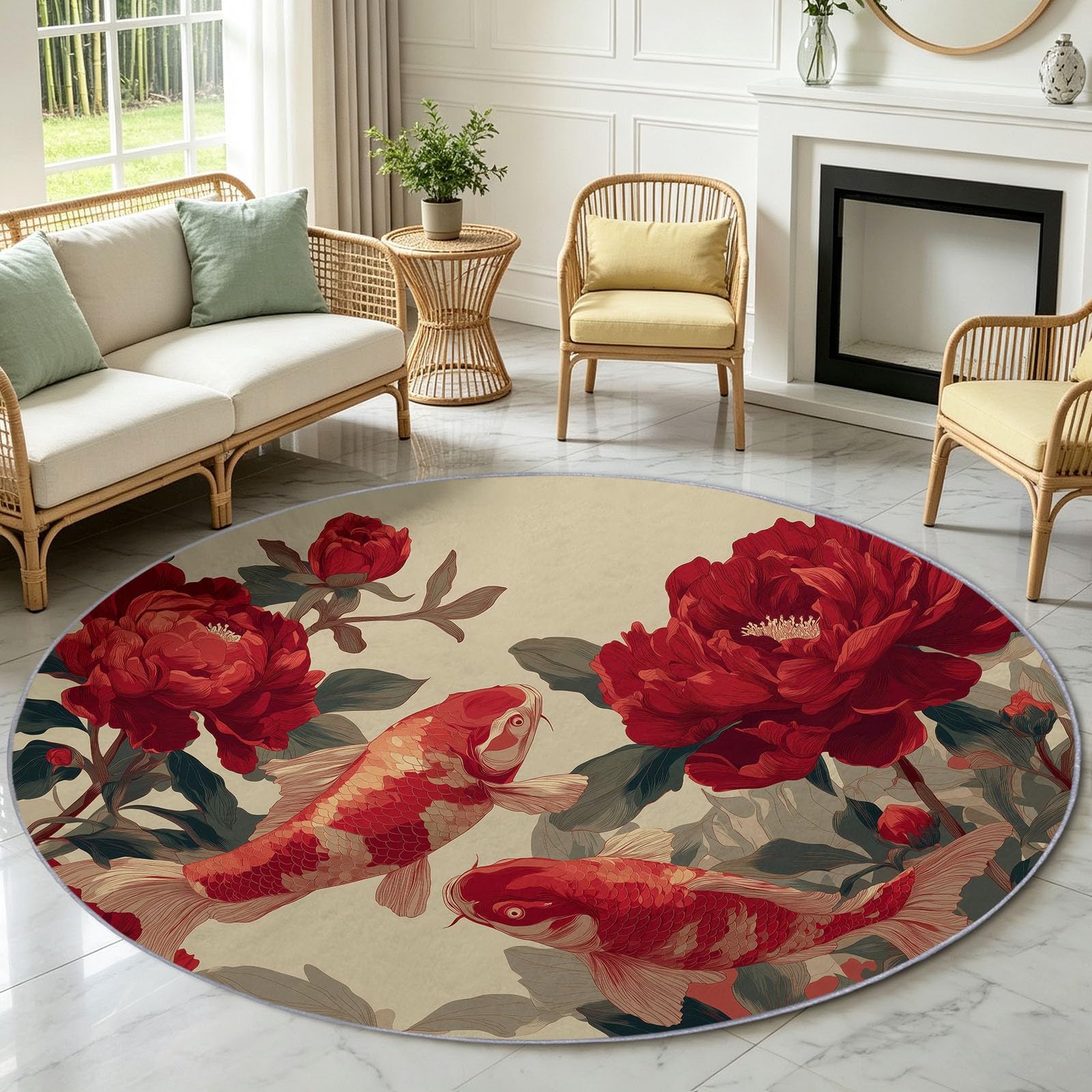 Tapis carpe koi ukiyo-e rond de 160 cm au design artistique beige raffiné