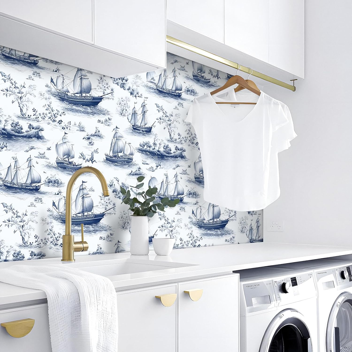 LaCheery Nautical Wallpaper Blue Nautical Peel and Stick Wallpaper for Bathroom Mural Neutral Toile Wall Paper Self Adhesive Blue and White Contact Paper for Walls Cabinets Boys Room Vintage 17.5"x80"