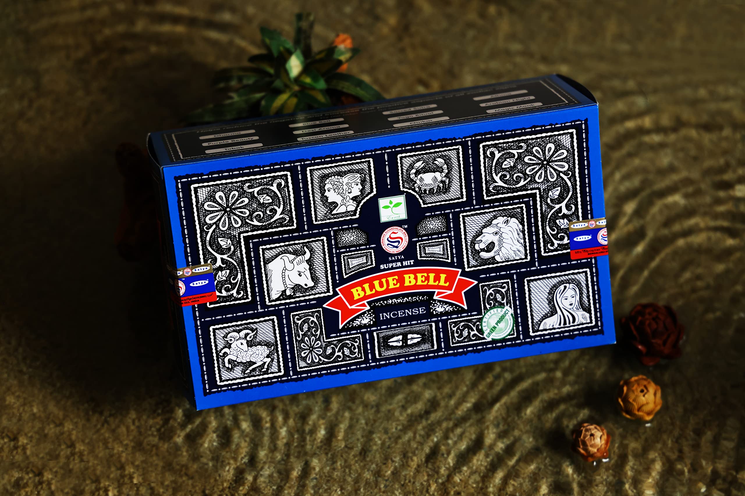 EARTH Satya Super Hit Blue Bell - Varillas de incienso de 15 GMS (paquete de 12) (certificado verde) Agarbatti perfumado indio enrollado a mano, perfecto para culto, relajación, medicación.