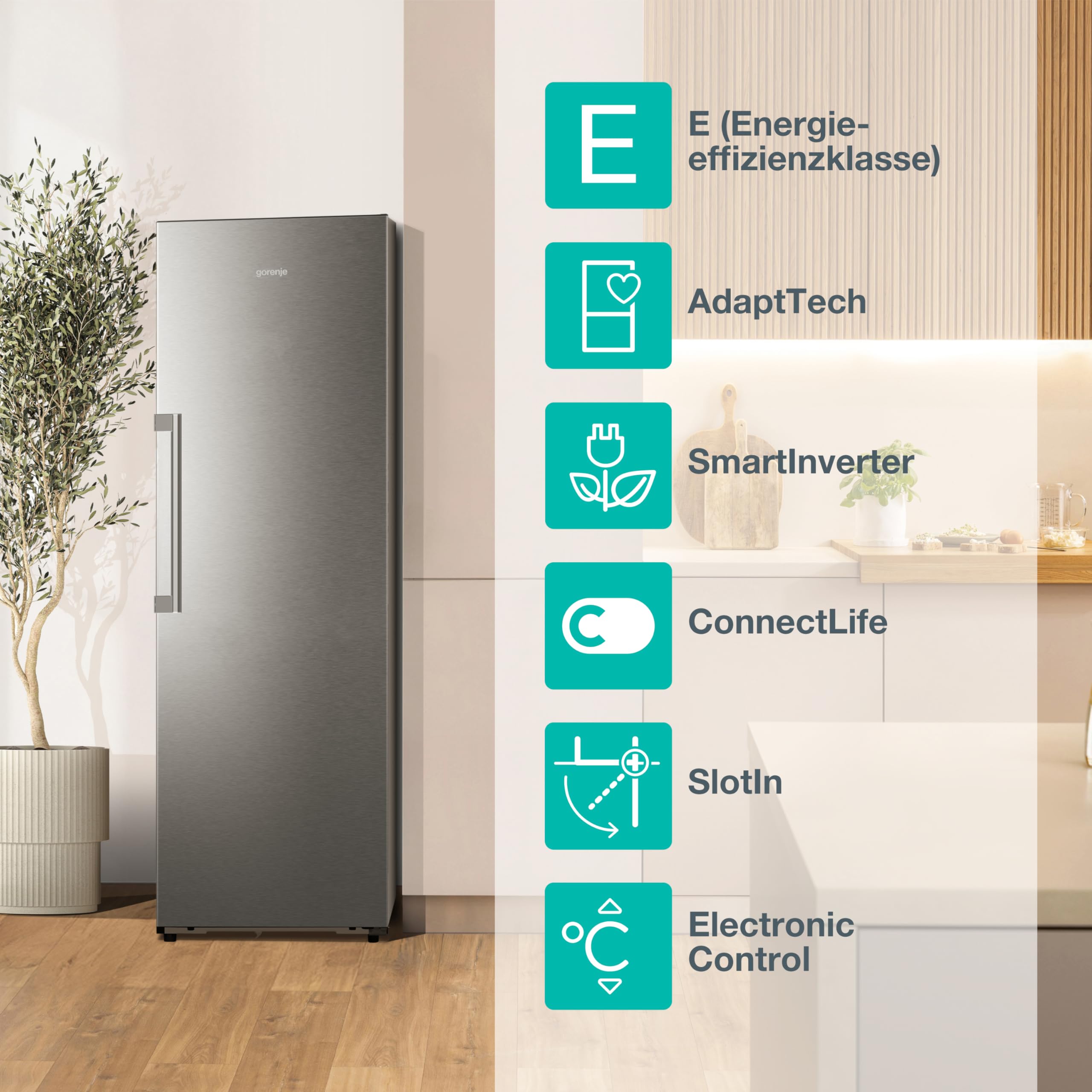 Gorenje RN618E6X6WF Kühlschrank, 372 Liter, SmartFit, 185cm Höhe, CrispZone mit Feuchteregler, Wifi, Flaschenhalter, Easy-open Griff, Inverter, BxHxT: 59,5×185,6×60 cm, Edelstahl