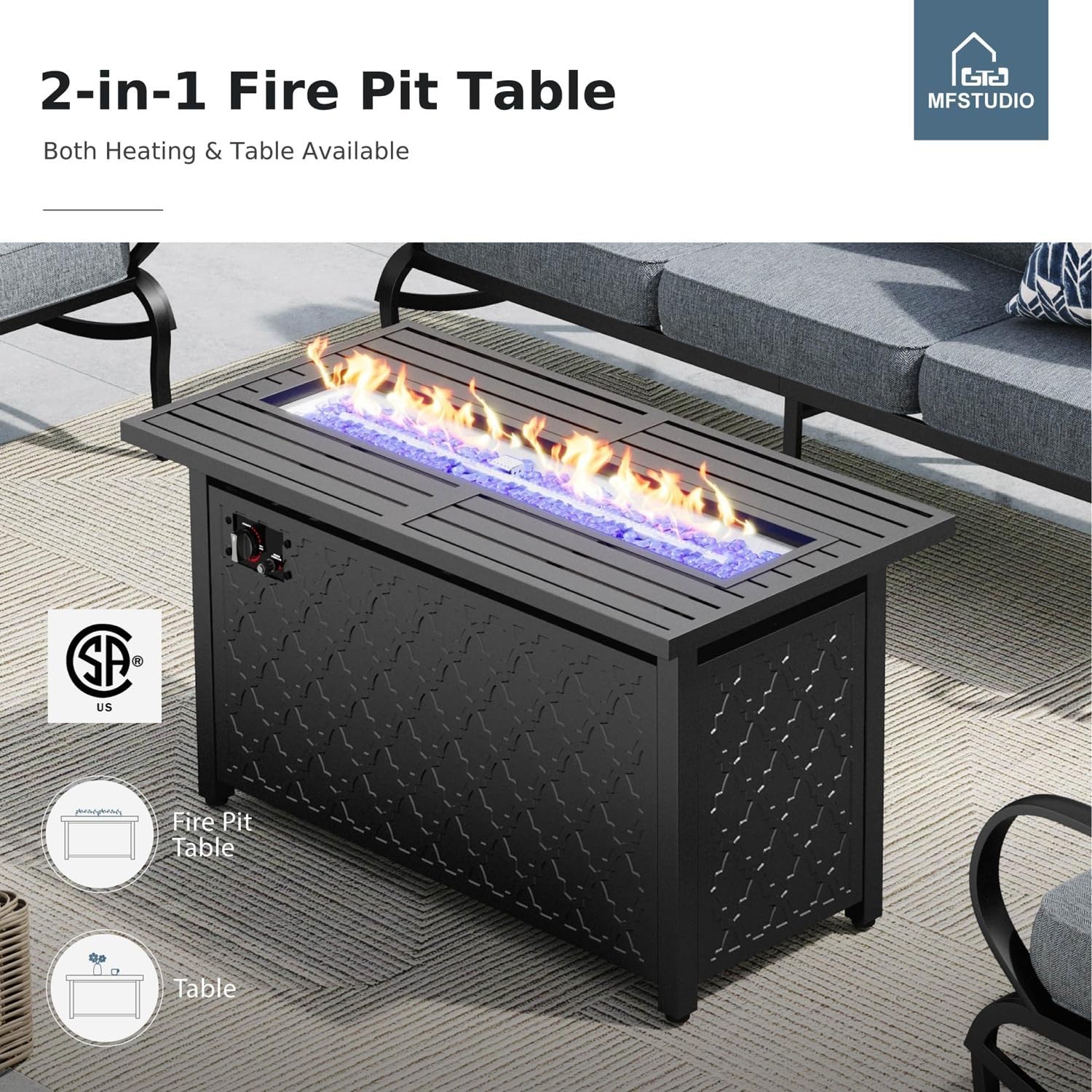 MFSTUDIO Patio Furniture Sets with 45" Gas Fire Pit Table, 8 Pieces Outdoor Metal Conversation Set with 1 x 3-Seat Sofa, 2 Single Chairs, 2 Swivel Chairs and 2 Ottomans, Grey Cushion