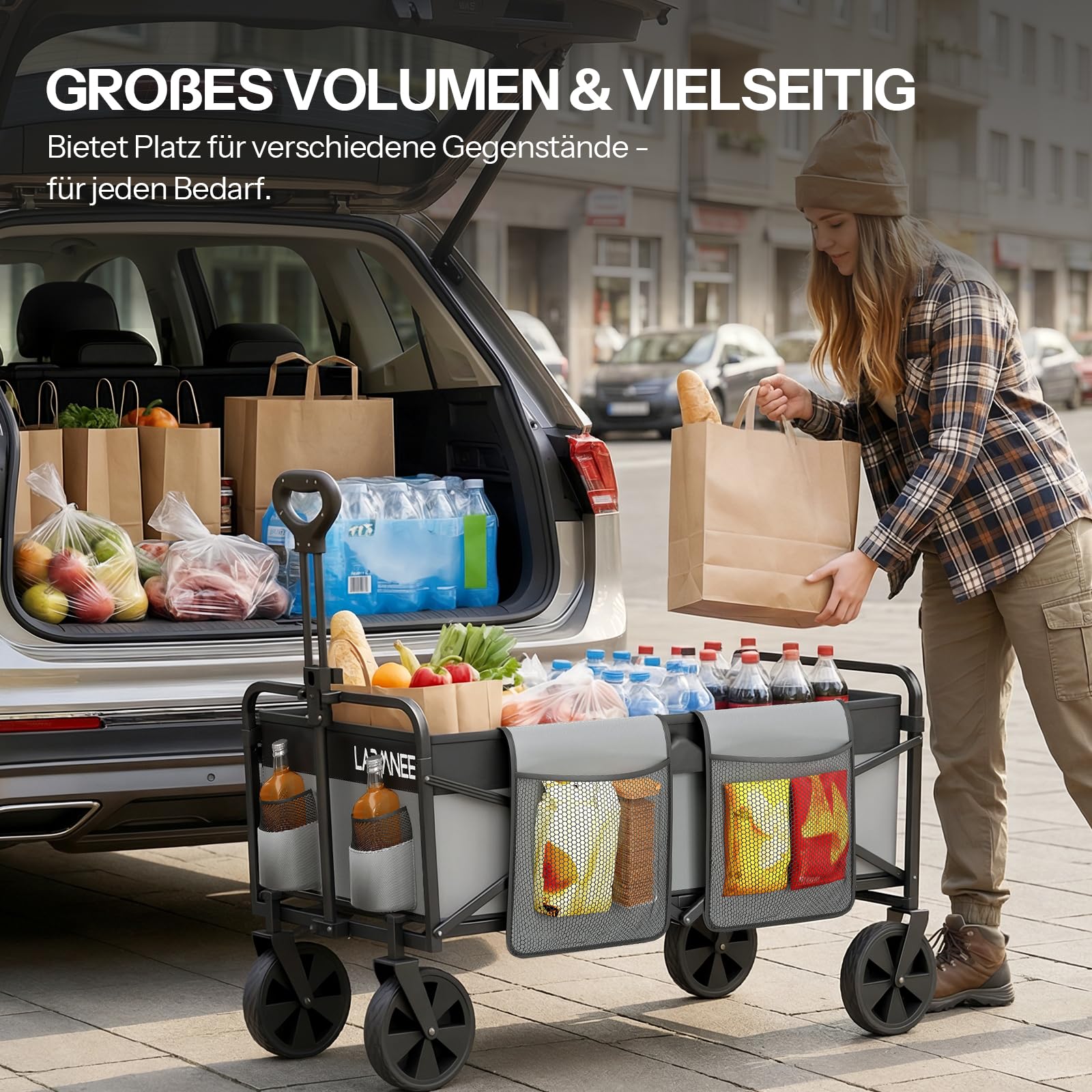LARMNEE Faltbarer Handwagen, Gartenwagen, tragbarer Campingwagen mit verstellbarem Griff und 4 verstärkten Rädern, Bollerwagen, bis 120 kg belastbar, für Camping, Garten, Schwarz und Grau EBG01BW02