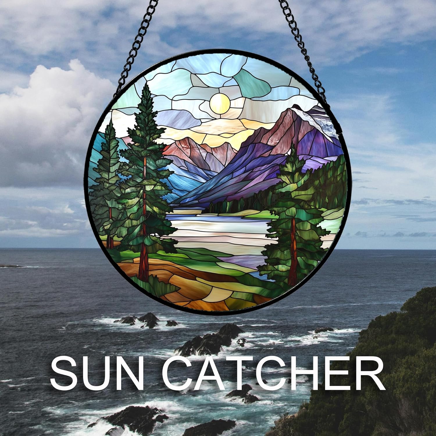 Stained Glass Window Hanging Sunset View of Green Trees Mountain Large 15" - Suncatcher Door Garden Sun Catcher Home Decor Birthday Christmas for Woman Nana Friend Men Mom