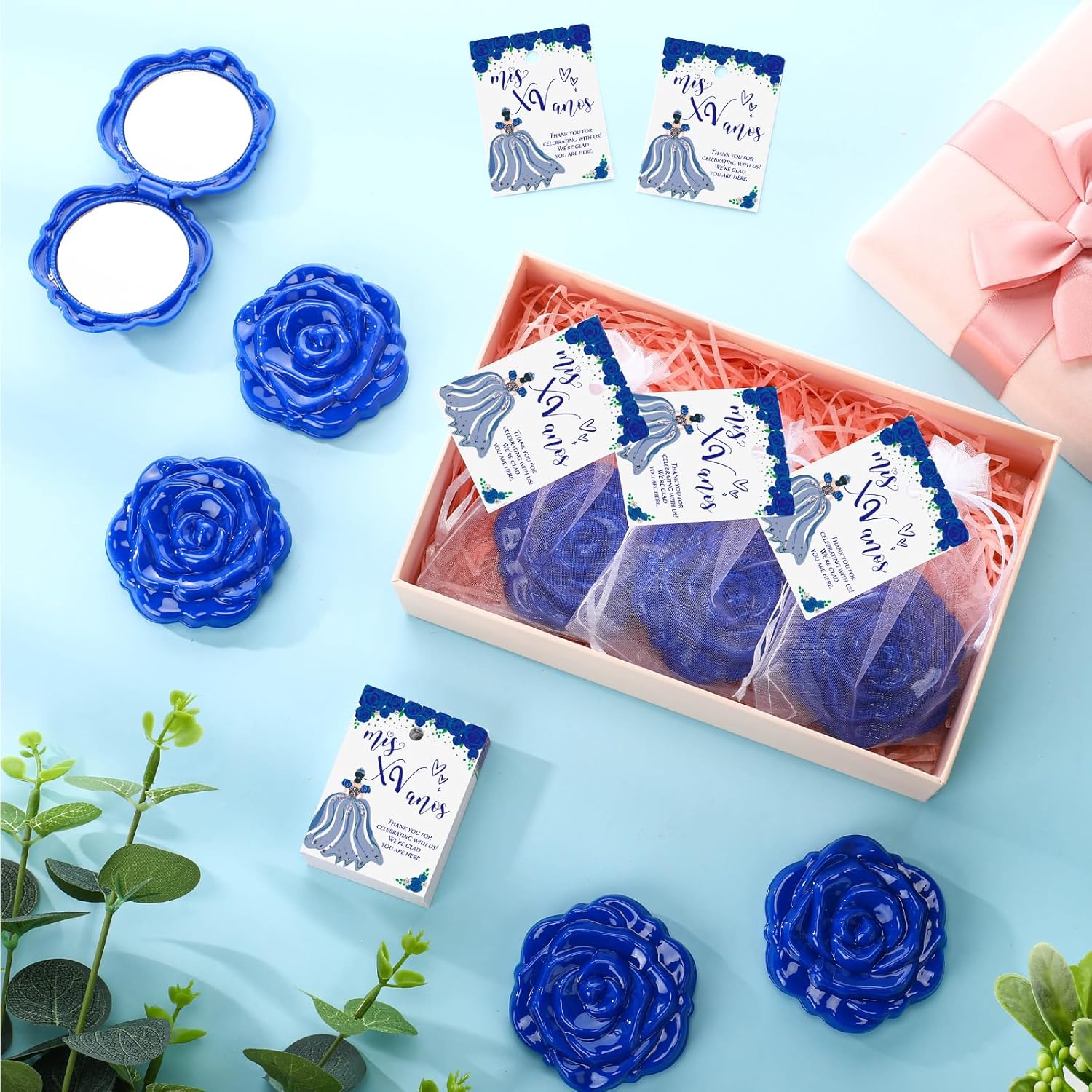 Wenqik 30 Sets Quinceanera Party Favors for Guests Rose Design Compact Pocket Mirrors Quinceanera Cards Thank You Gift and Organza Bags Sweet 15 Mis Quince Birthday Party Favor (Blue) - Image 4
