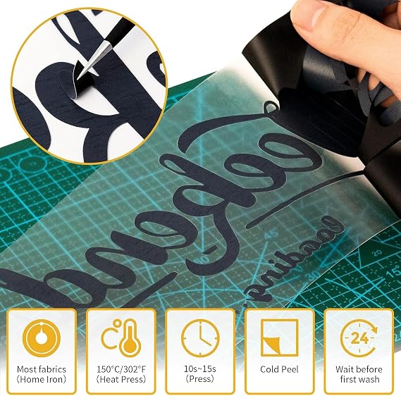 VinylRus Heat Transfer Vinyl-12 x 100ft Black Iron on Vinyl Roll for Shirts, HTV Vinyl for Silhouette Cameo, Easy to Cut & Weed