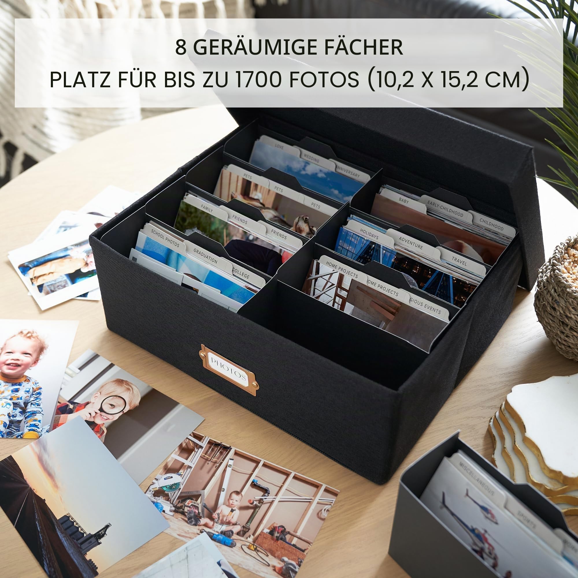 ZICOTO Dekorative Foto-Aufbewahrungsbox – stabiler Leinen-Foto-Organizer mit Trennwänden ist perfekt für bis zu 1700 Bilder und 10 x 15 cm große Fotos – tragbare Scrapbook-Aufbewahrungsbehälter mit