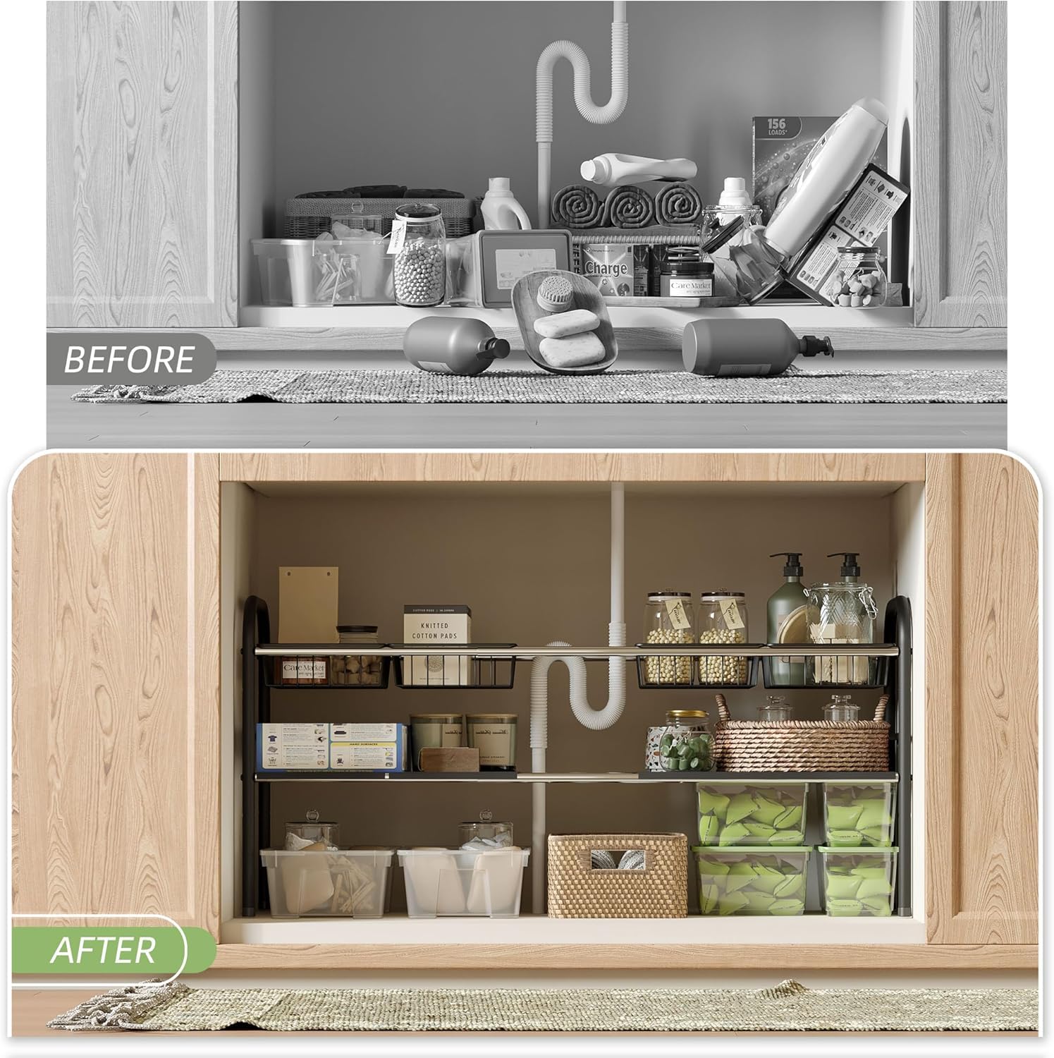 NETEL Estantería extensible para debajo del lavabo, organizador de armario, estante bajo el fregadero para cocina y baño, con 6 paneles y 2 cestas