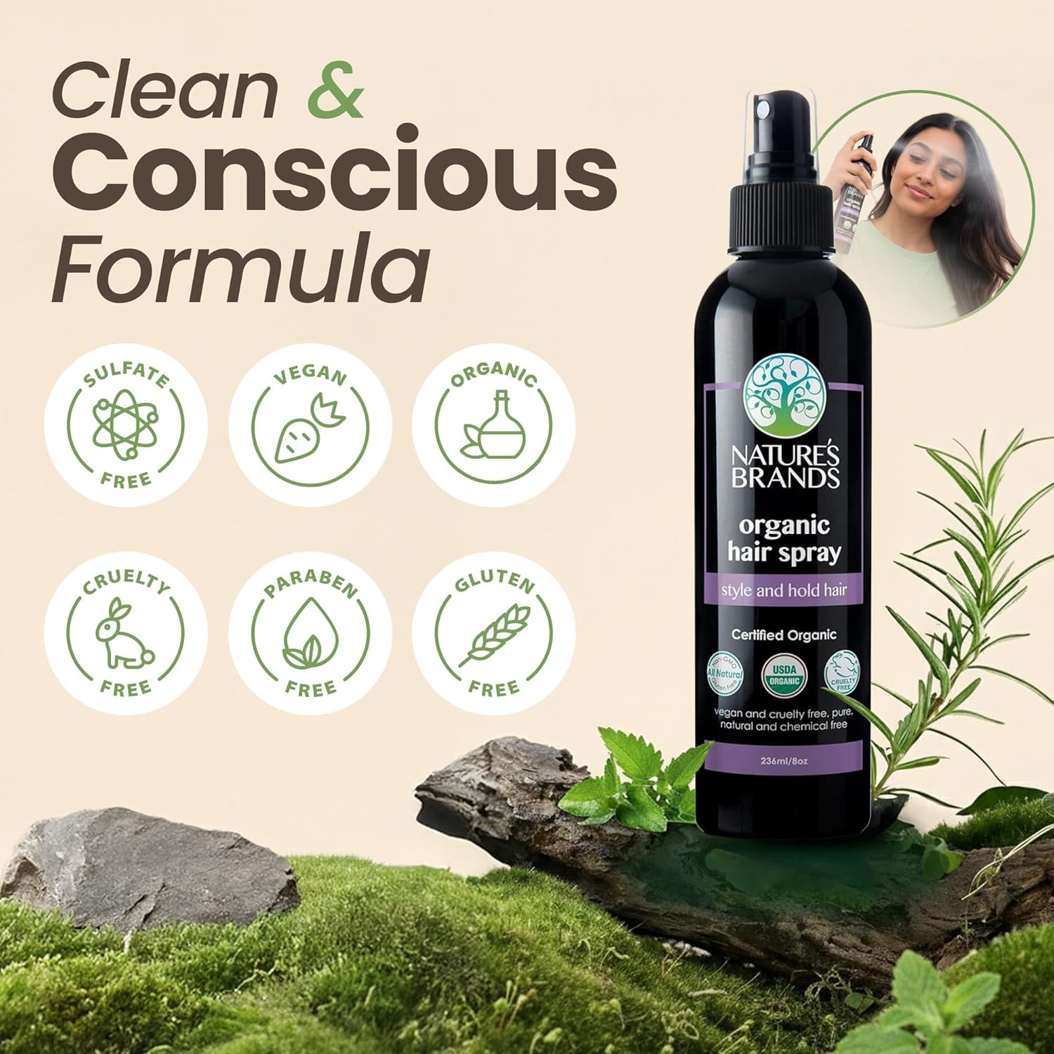 Nature's Brands Organic Hair Spray, 8 Oz - Biotin-Enriched Non Toxic Hairspray with Green Tea, Sage & Geranium Oil for Long-Lasting Hold, Shine, Frizz Control, and Volume Boost - Paraben-Free, Vegan - Image 3