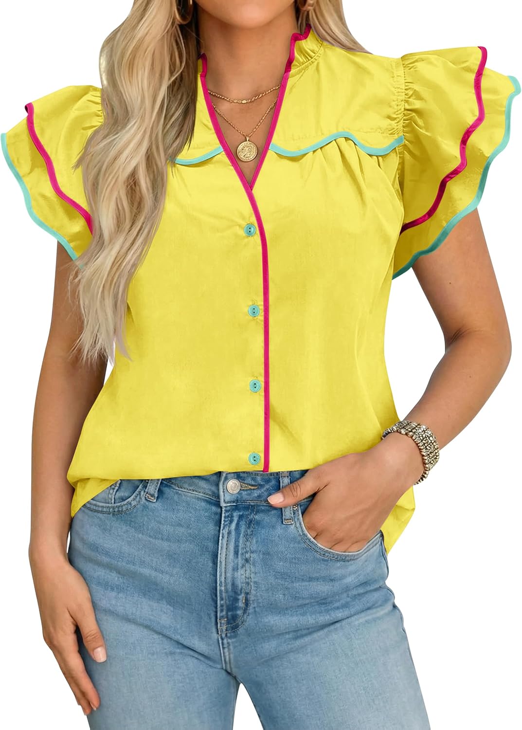 Tankaneo Womens Ruffle Short Sleeve Blouse V Neck Button Down Shirts Color Block Trendy Casual Tops