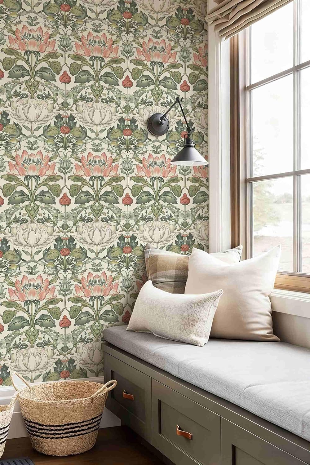 Vintage Botanical Floral Peel and Stick Wallpaper Acanthus Floral （Beige & Green） Art Nouveau Flower Pattern for Home Decor | 17.7" x 236", Self-Adhesive, Waterproof Vinyl