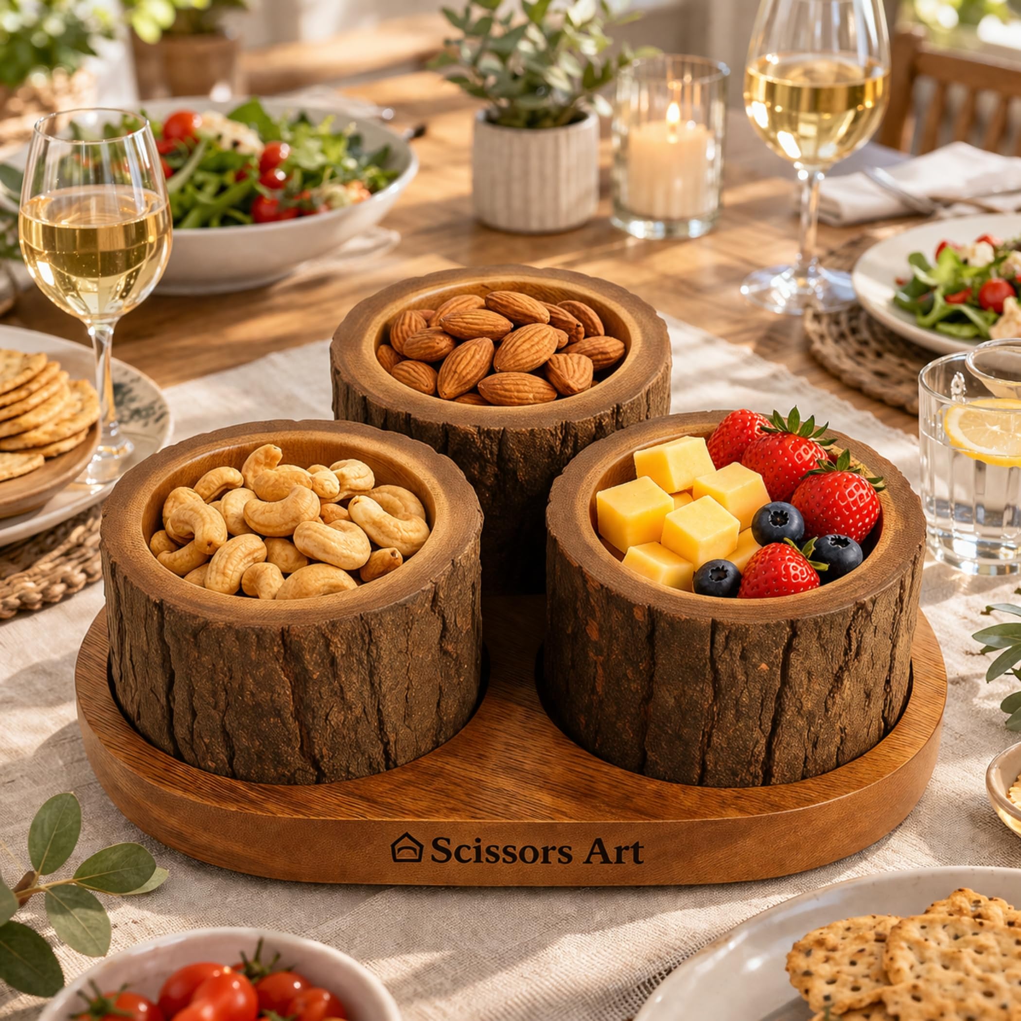 Juego de cuencos de madera rústica con bandeja giratoria, cuencos de madera de mango hechos a mano con corteza de árbol natural para ensaladas, frutas y decoración de cocina (juego de 3)