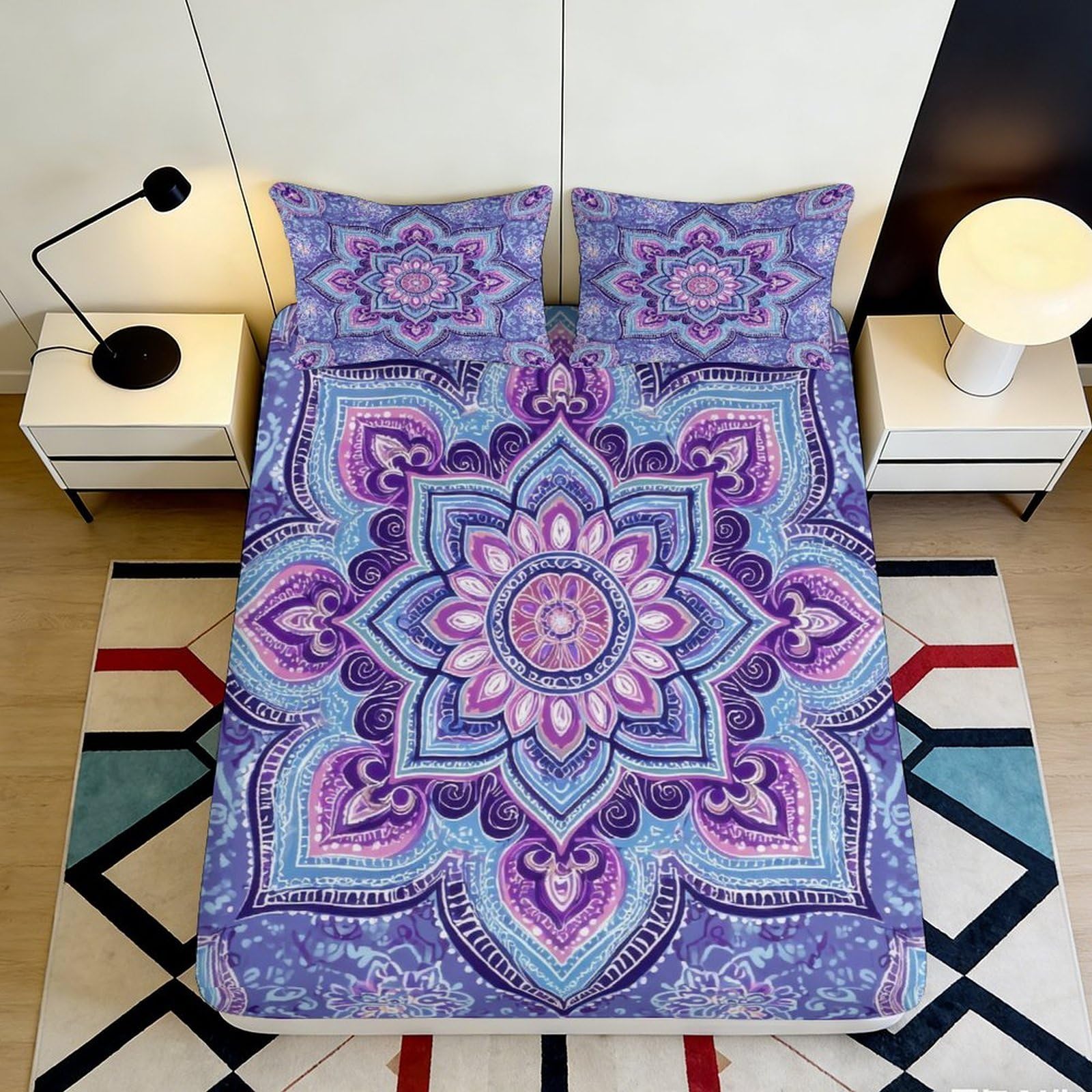 3D Printed Mandala Fitted Sheet Microfiber Deep Pocket Non-Slip Bedroom Mandala Mattress Fitted Cover Washable for Adults Teens 120x200x25cm