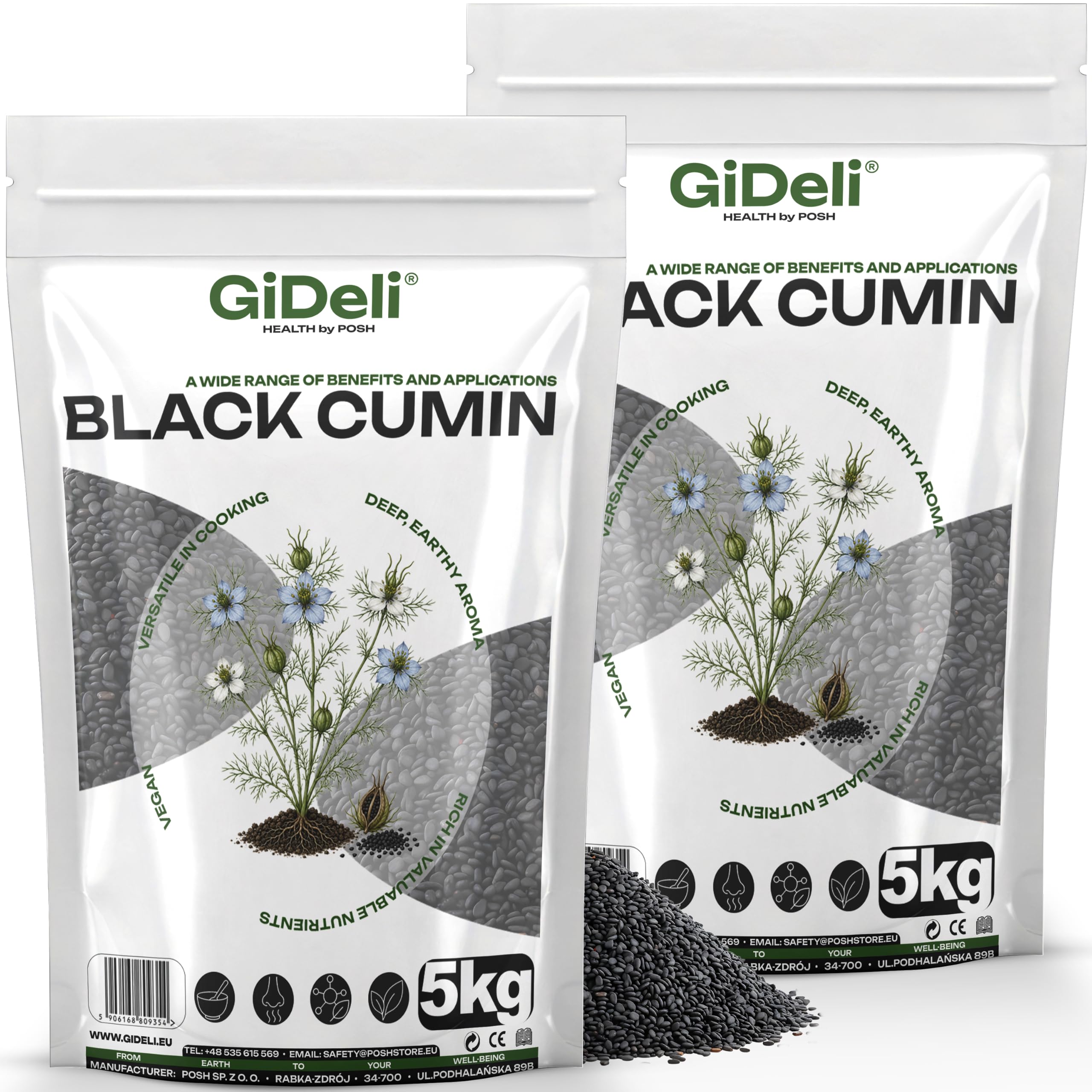 GiDeli Semillas de Comino Negro 2x5kg - Auténtica Nigella Sativa Entera - Aroma Profundo y Terroso - Semillas Frescas Veganas para Pan, Ensaladas, Yogur e Infusión