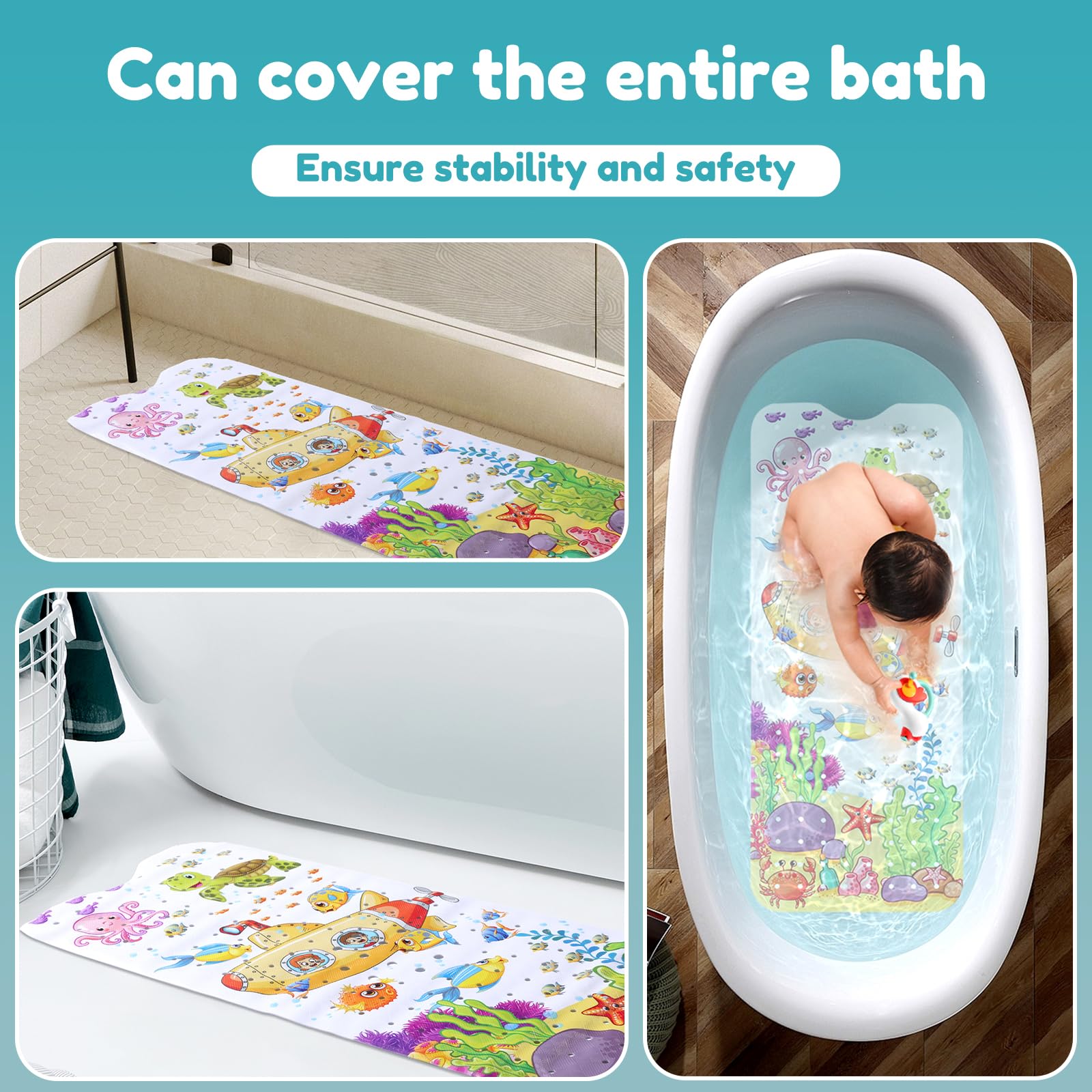 Baby Bath Mat 40x16in Cartoon Kids Bathtub Mat Non Slip with Suction Cup Drain Holes Toddler Shower Mat, Machine Washable Bath Tub Shower Mat Reusable Bath Mat for Tub Bathroom (Vertical Submarine)