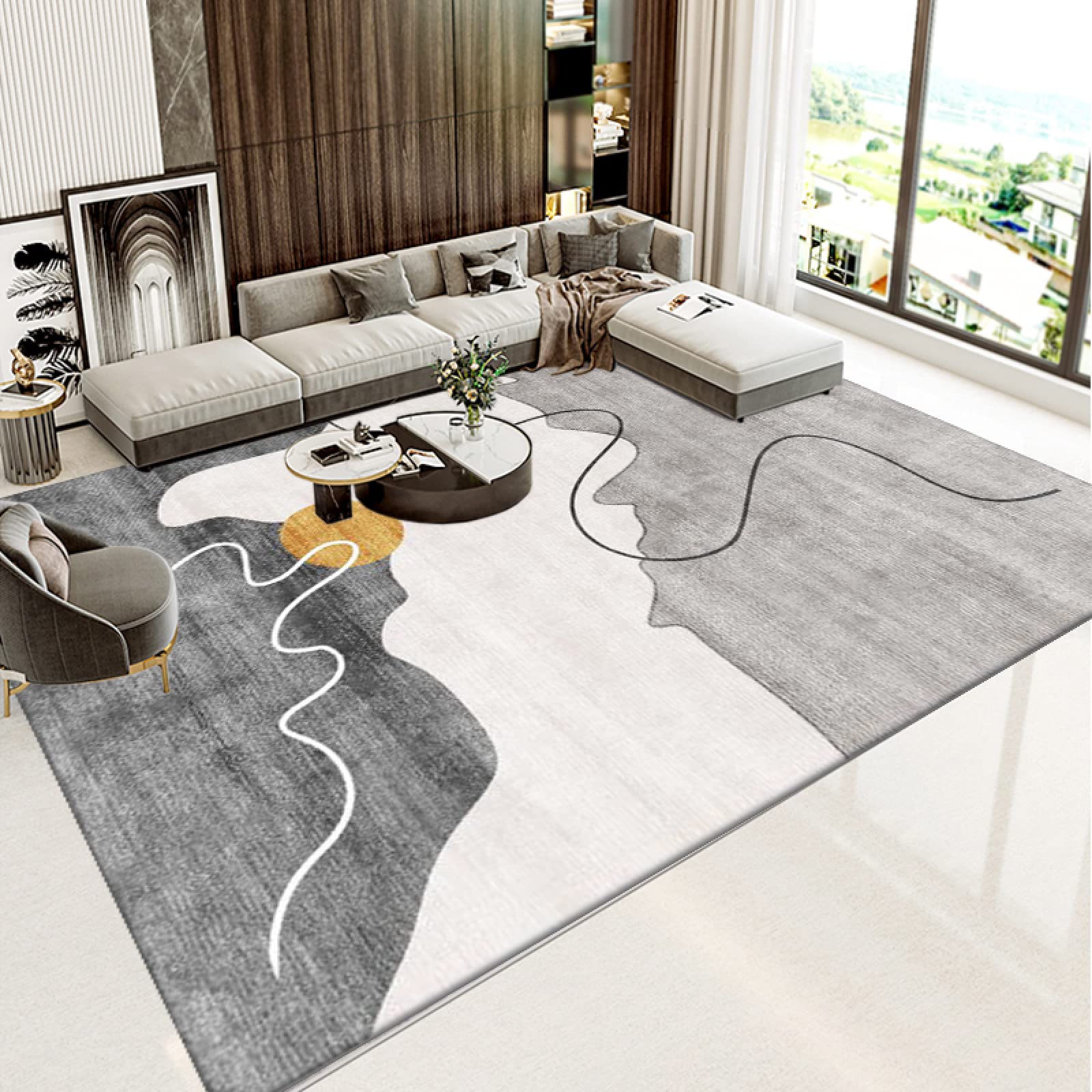 Tapis Salon 120X170 Gris - Blanc Tapis Chambre Adulte,Decoration Chambre,Antidérapant Tapis Salle À Manger,Grand Tapis Salon,Lavable À l'huile Et Résistant Aux Taches