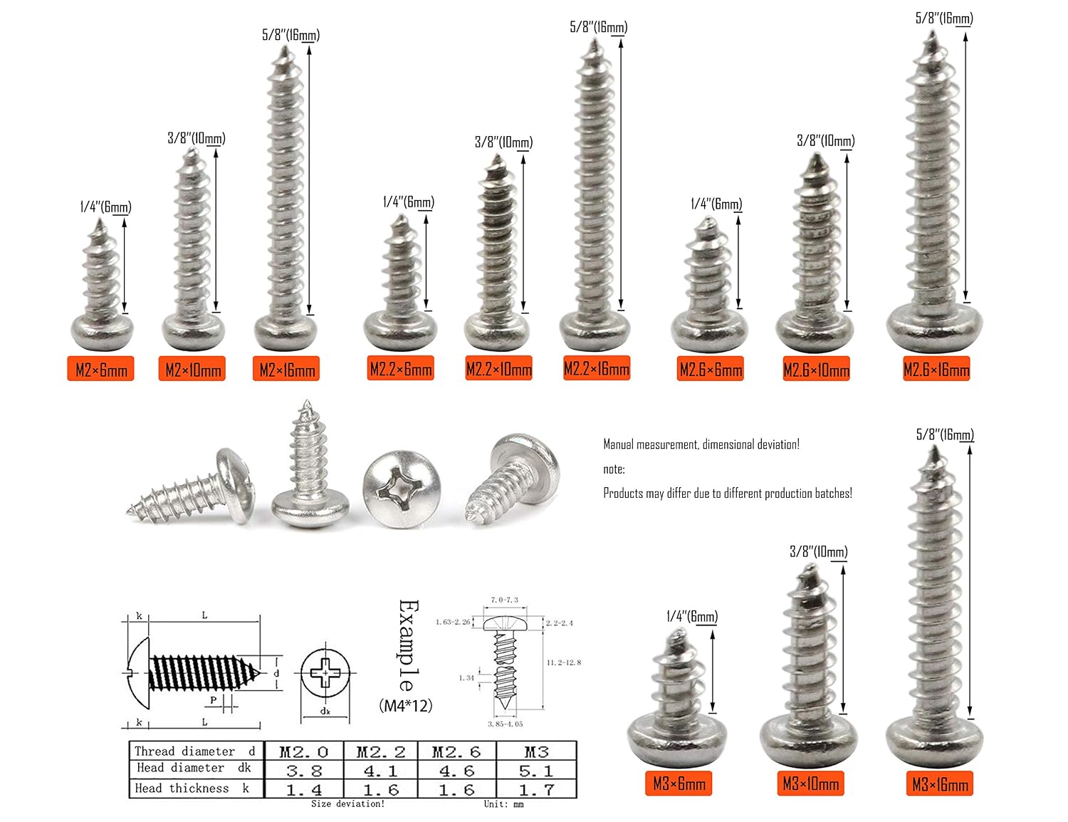 LBY 600pcs M2, M2.2, M2.6, M3 Pan Head Self-Tapping Sheet Metal Screw Assortment Kit, 12 Sizes, 304 Stainless Steel