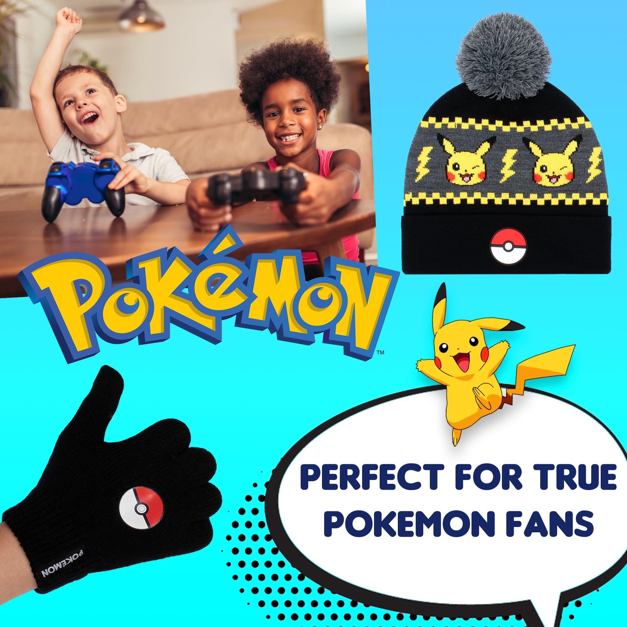 Pokemon - Winter Warm & Comfy Beanie Hat & Gloves Set for Boys - Pikachu Design - Perfect for Boys 6-12 Years