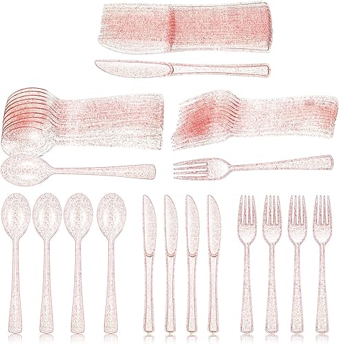 Youyole Juego de cubiertos de plástico rosa de 150 piezas, cubiertos desechables de Navidad, incluye 50 tenedores, 50 cucharas, 50 cuchillos,
