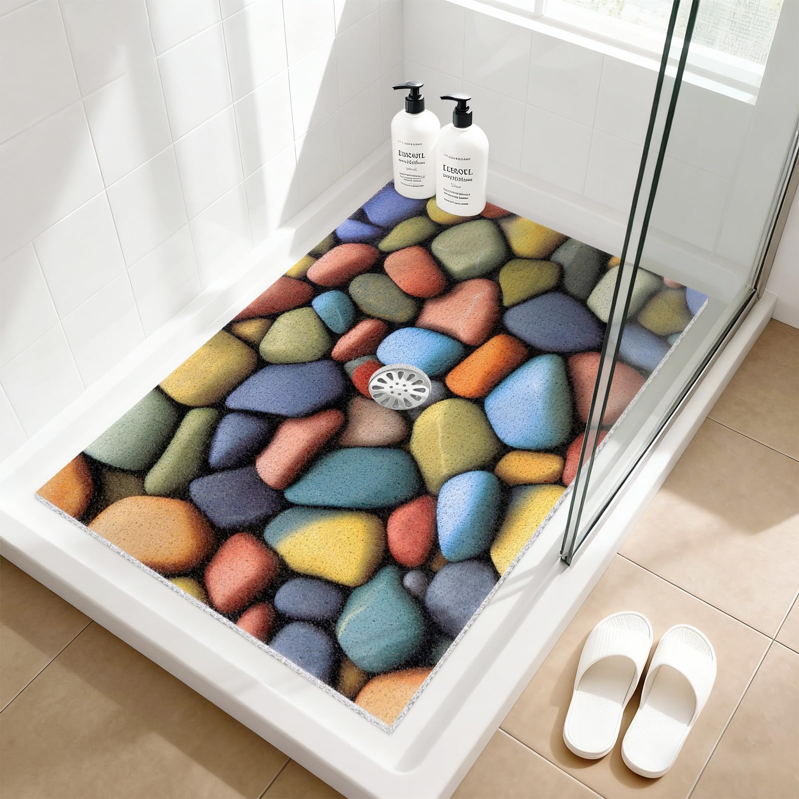 Shower Mat Non Slip: 24x36 Inch Large Shower mats for Inside Shower with Drain Hole in Middle, Super Soft PVC Loofah Massage Shower Floor Mat, Anti Slip Shower Stall Mat, Quick Drying
